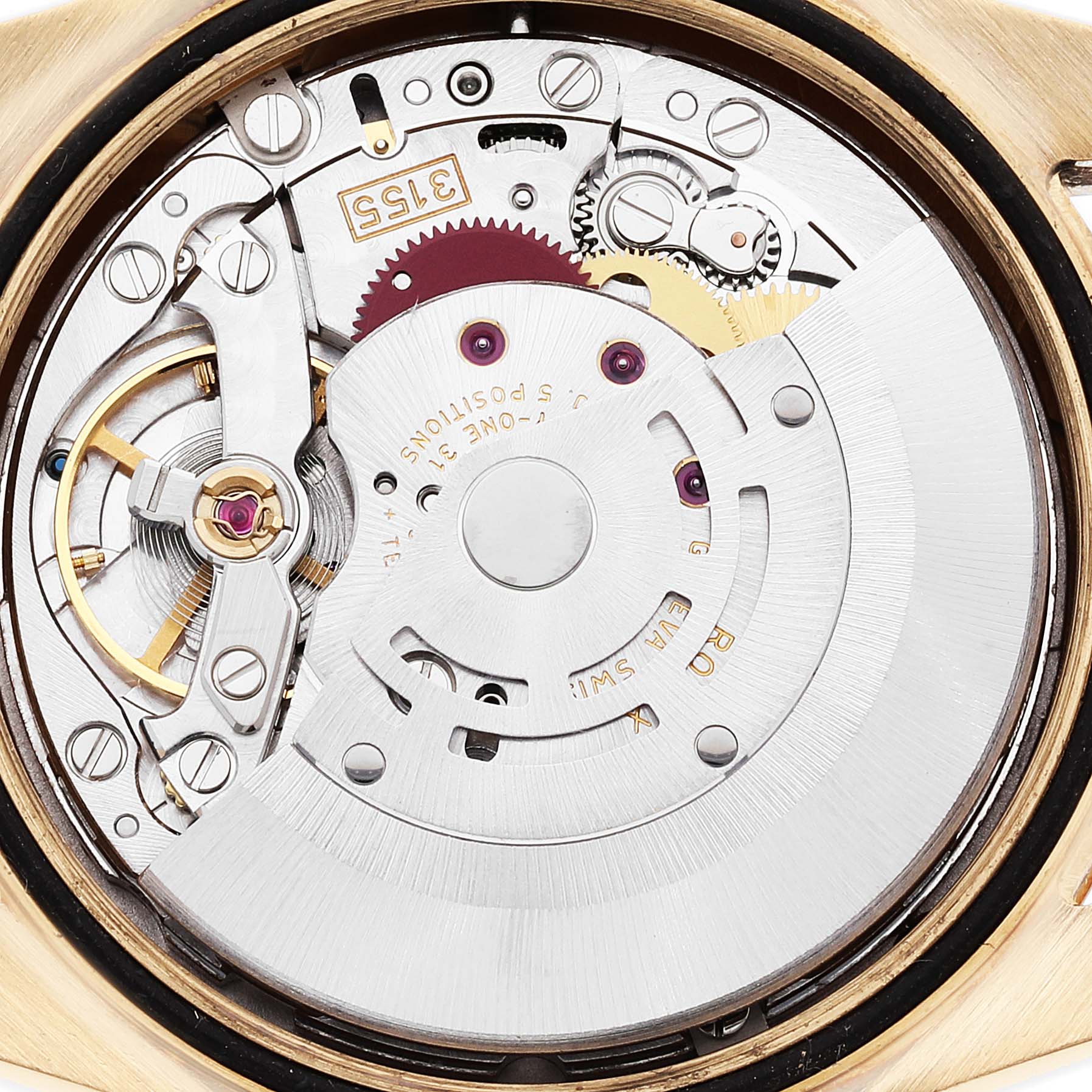 This image shows the internal mechanism of a Rolex President 118338 Men
s Yellow Gold  118338 Men
s Yellow Gold  model, viewed from the back.