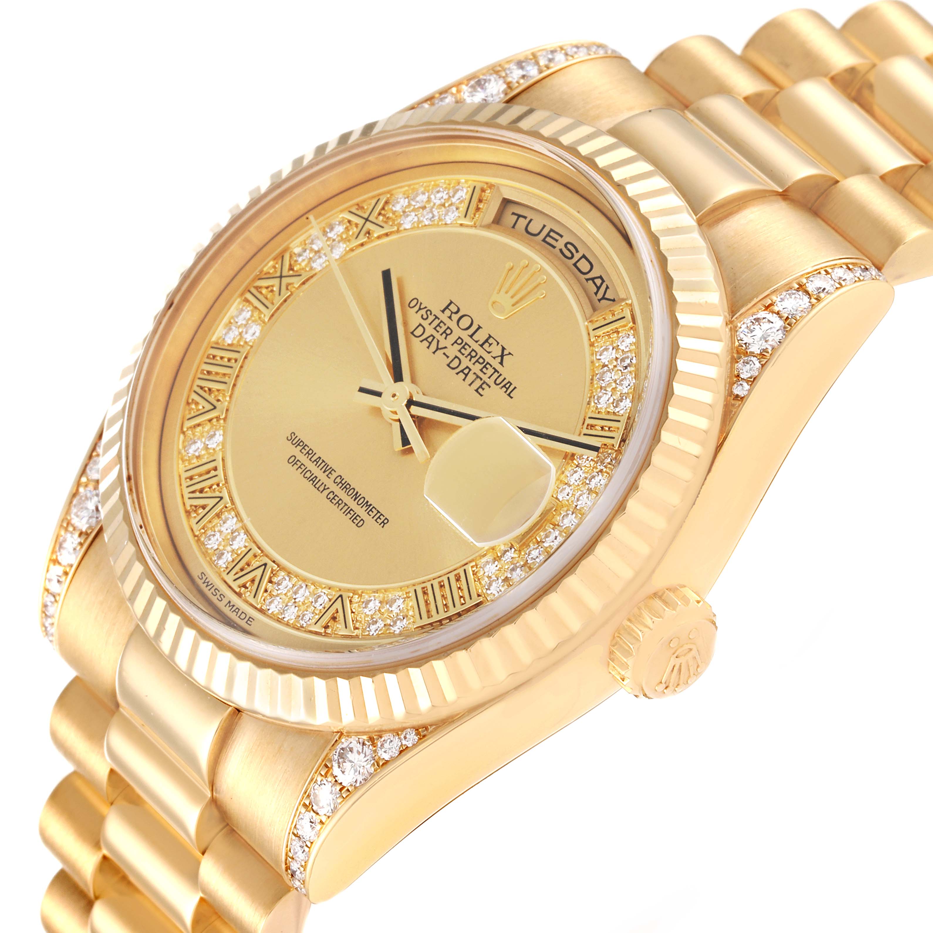 This image shows a detailed angle of the Rolex President 118338 Men
s Yellow Gold  118338 Men
s Yellow Gold  model, highlighting the dial, bezel, crown, and part of the bracelet.