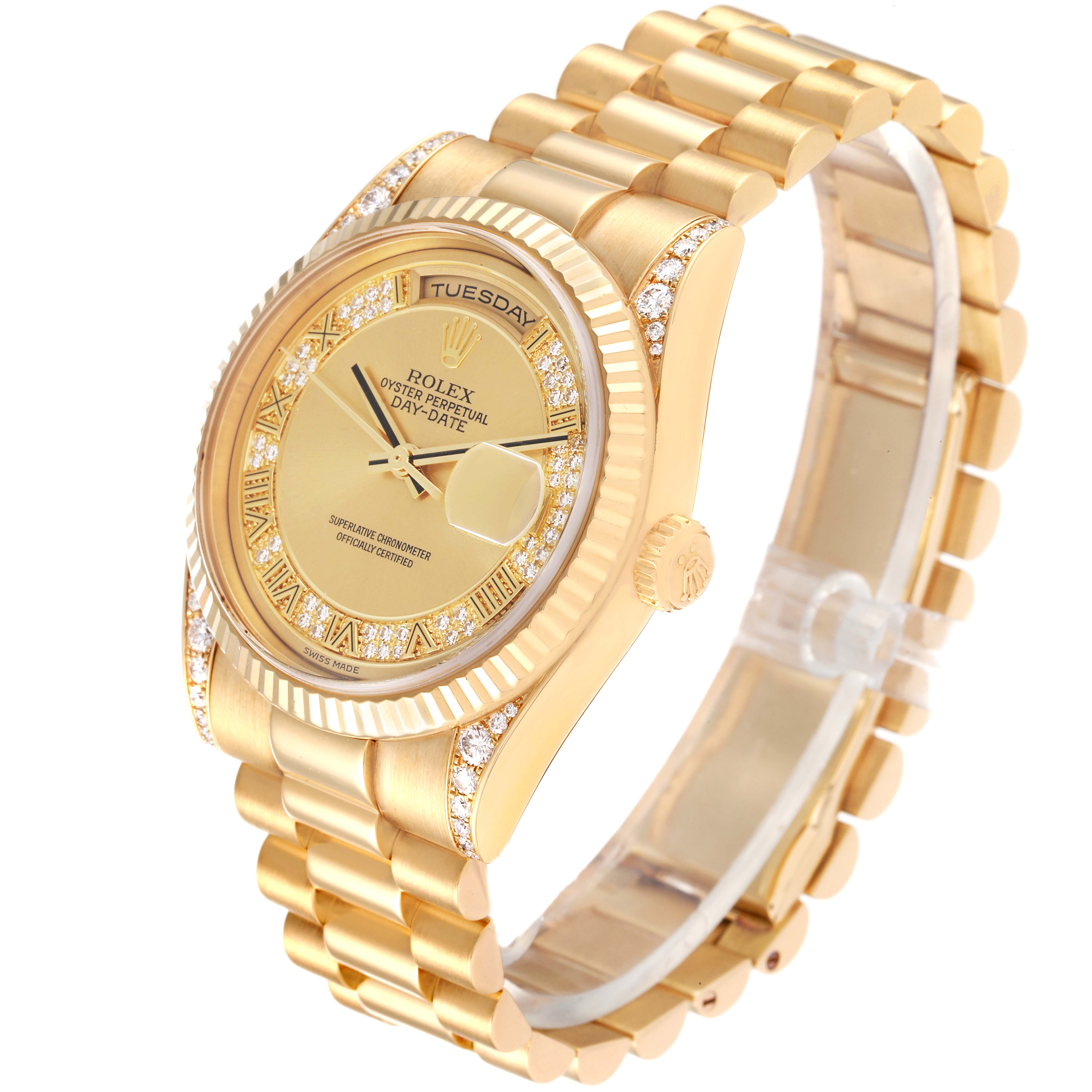 The image shows a side-angle view of a Rolex President 118338 Men
s Yellow Gold  118338 Men
s Yellow Gold  model, highlighting its gold bracelet and diamond-accented bezel and dial.