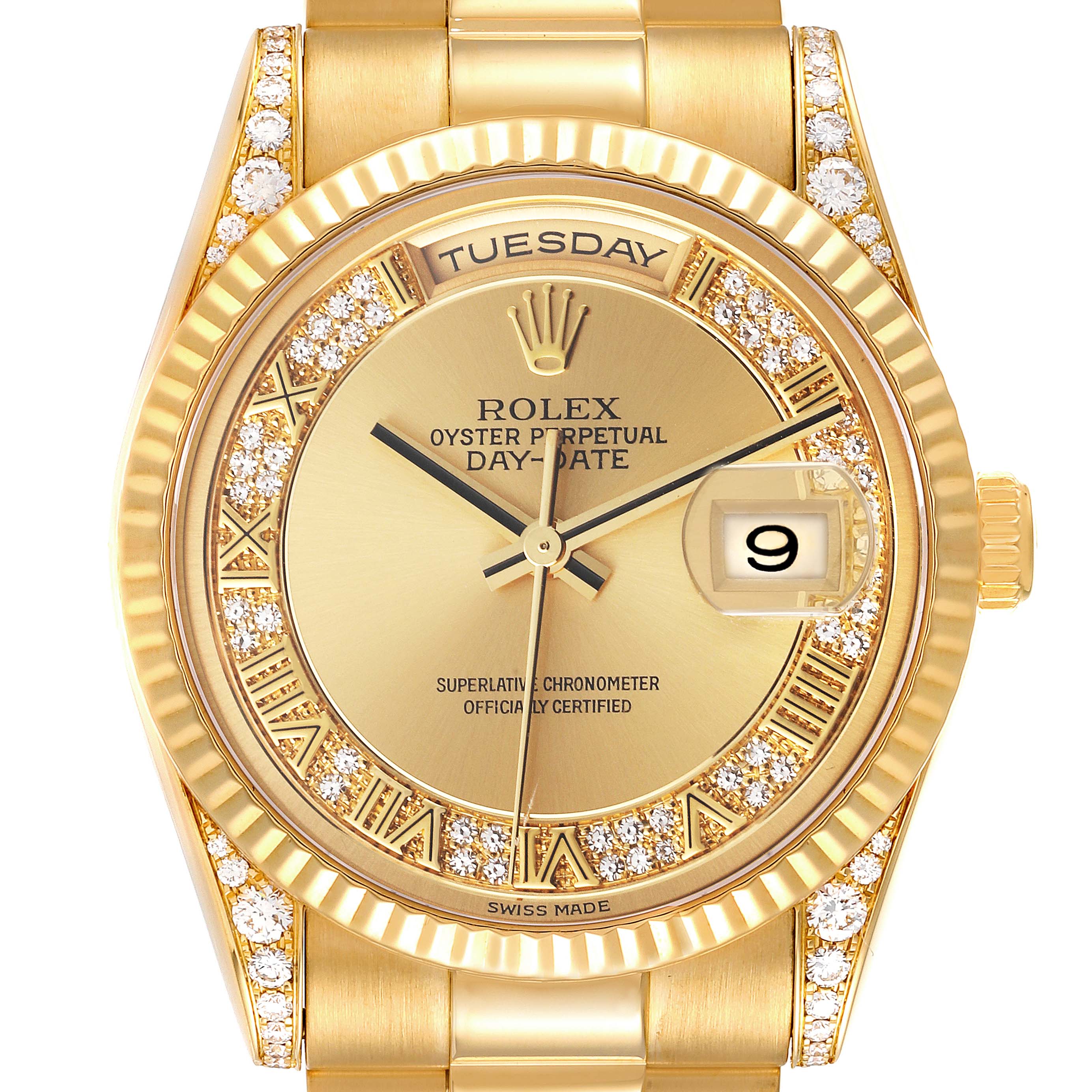 This image shows a close-up, front view of the Rolex President 118338 Men
s Yellow Gold  118338 Men
s Yellow Gold  Day-Date watch, highlighting the dial, bezel, and part of the bracelet.