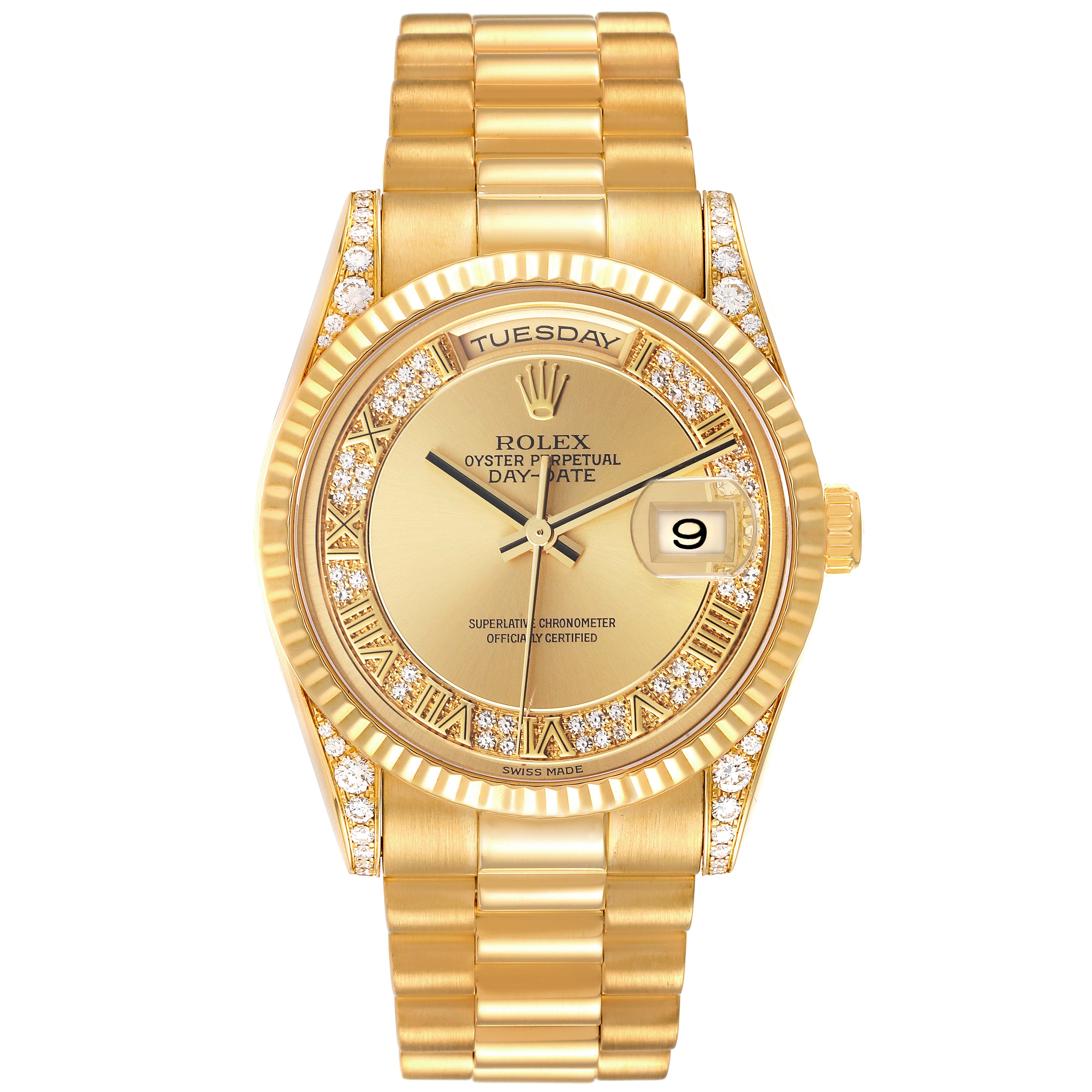 The Rolex President 118338 Men
s Yellow Gold  118338 Men
s Yellow Gold  model watch is shown from a front angle, displaying its gold case, diamond accents, dial, and bracelet.