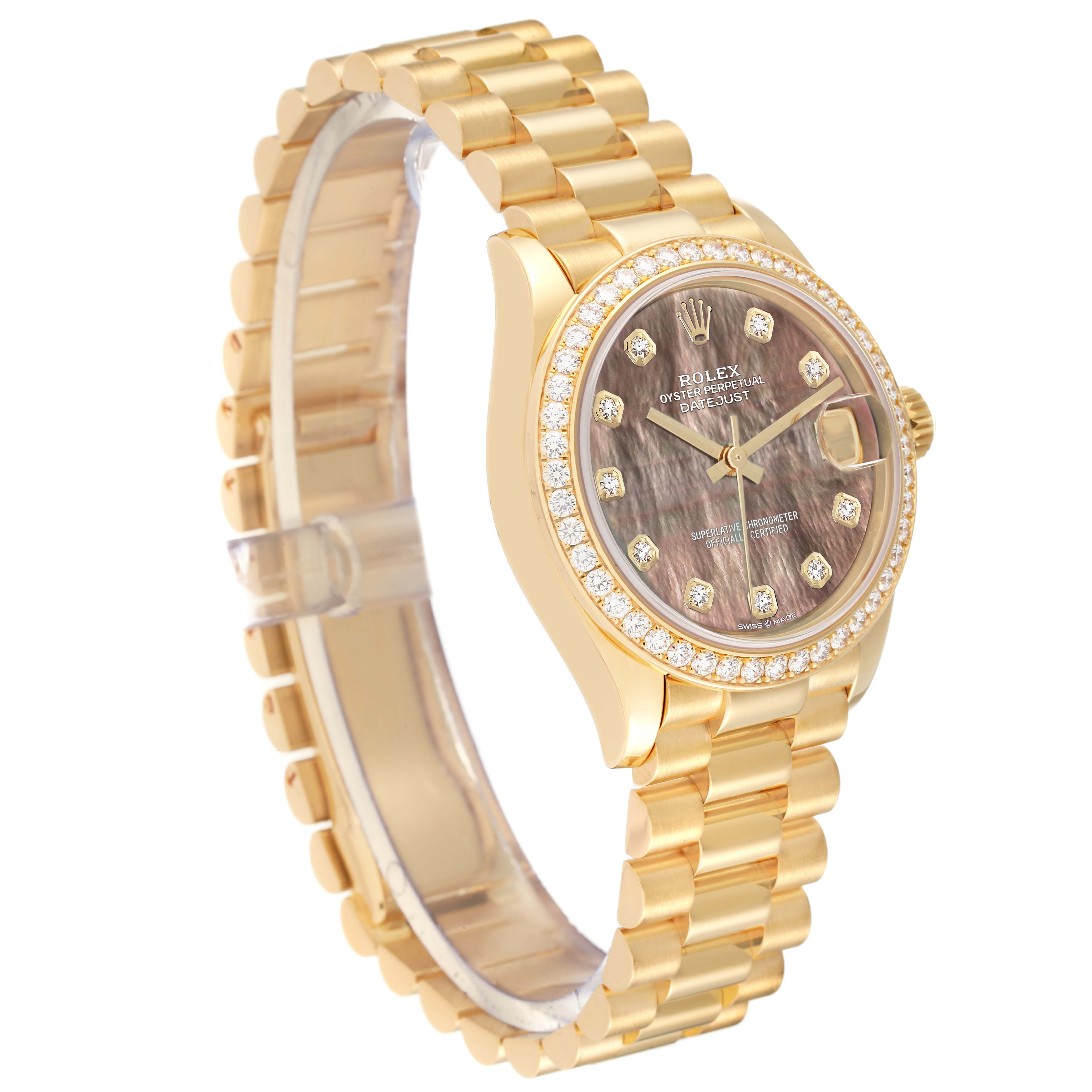 The image shows a Rolex President 278288 Women's Yellow Gold Mother of Pearl Dial 278288 Women's Yellow Gold Mother of Pearl Dial model watch angled from the left, highlighting its bracelet, bezel, and dial.