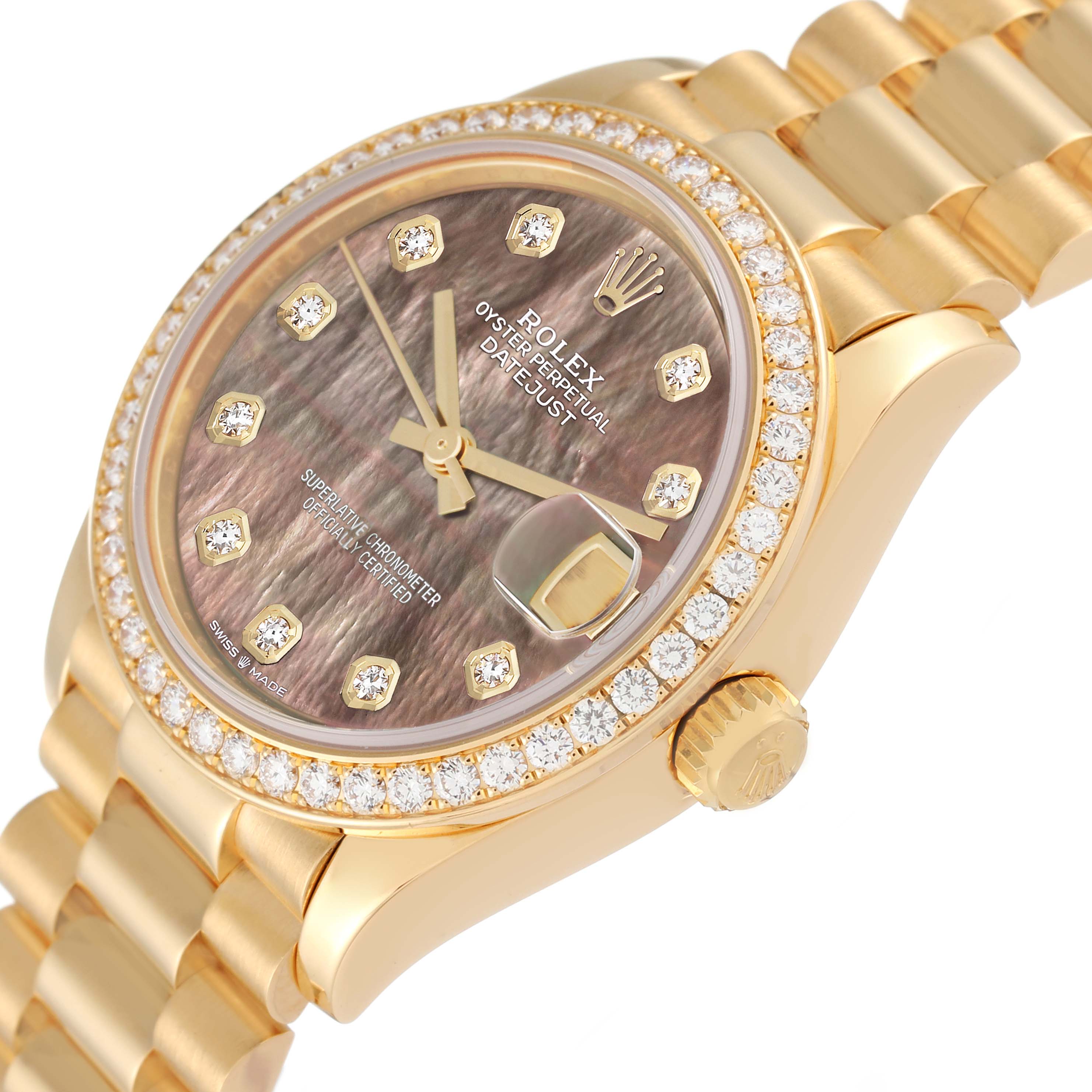 The image shows the Rolex President 278288 Women's Yellow Gold Mother of Pearl Dial 278288 Women's Yellow Gold Mother of Pearl Dial model watch at an oblique angle, highlighting the face, bezel, and part of the bracelet.