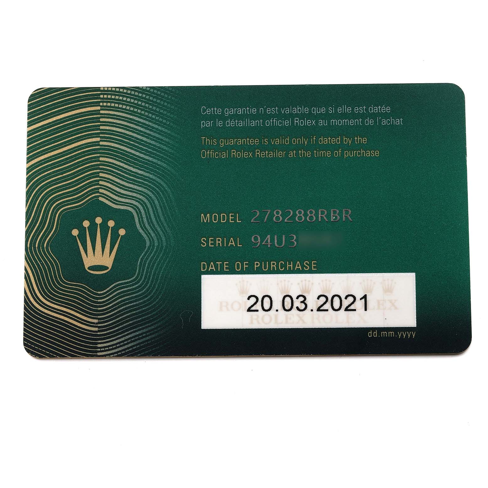 This image shows a guarantee card for the Rolex President 278288 Women's Yellow Gold Mother of Pearl Dial 278288 Women's Yellow Gold Mother of Pearl Dial model 278288RBR, indicating the serial number and purchase date.