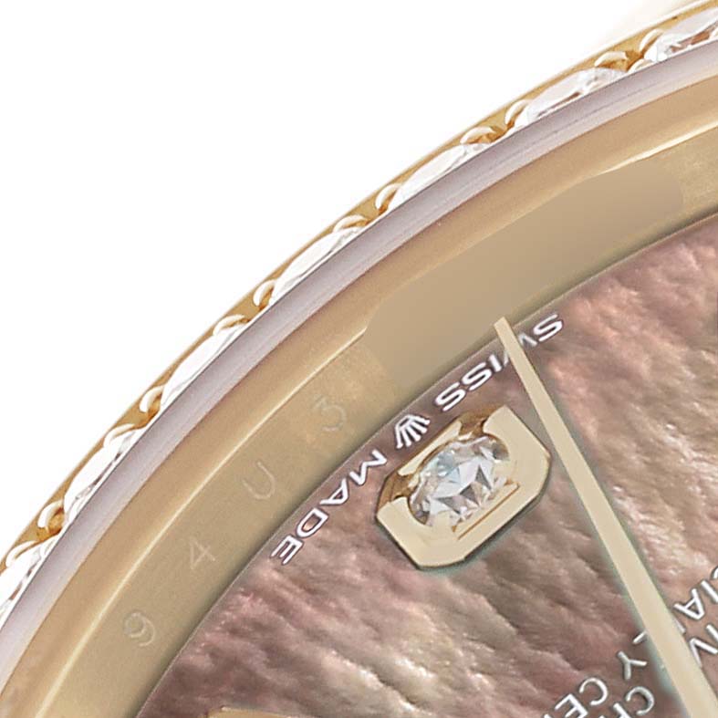 The image shows a close-up angle of the dial and bezel of a Rolex President 278288 Women's Yellow Gold Mother of Pearl Dial 278288 Women's Yellow Gold Mother of Pearl Dial model watch, highlighting a diamond hour marker and part of the "Swiss Made" text.