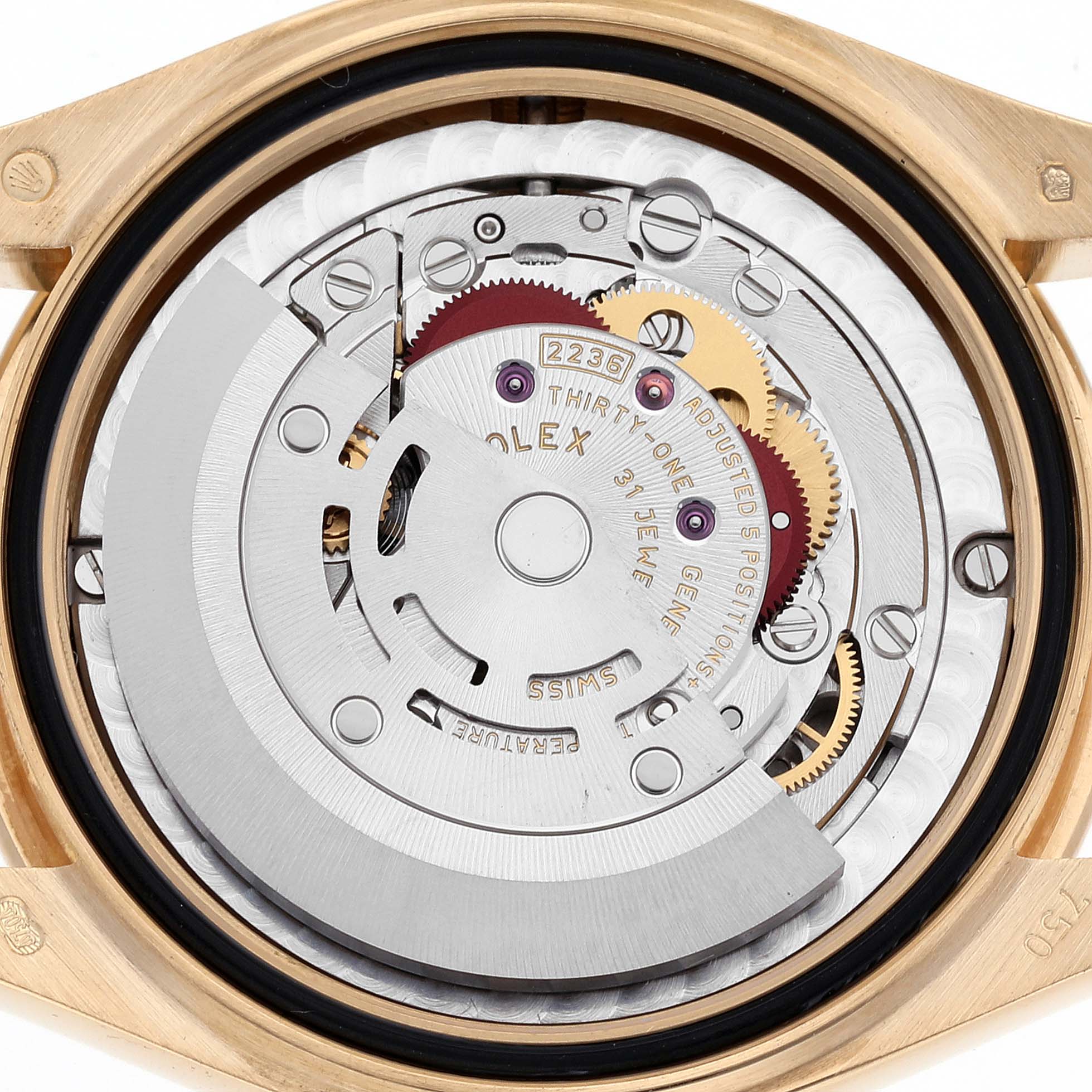 This image shows the internal mechanical movement of a Rolex President 278288 Women's Yellow Gold Mother of Pearl Dial 278288 Women's Yellow Gold Mother of Pearl Dial model watch from a top-down angle.