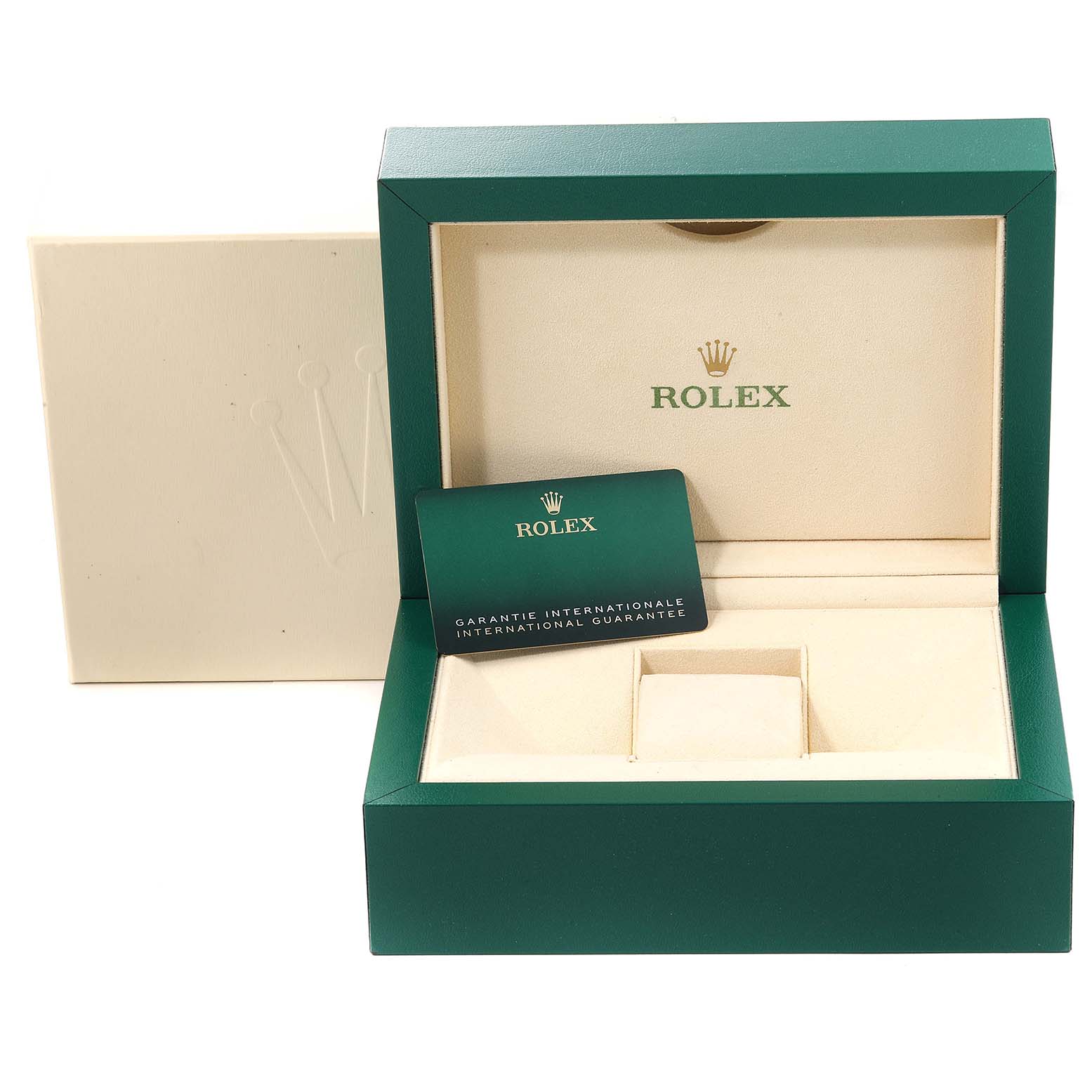 The image shows a Rolex President 278288 Women's Yellow Gold Mother of Pearl Dial 278288 Women's Yellow Gold Mother of Pearl Dial model watch box with an international guarantee card placed inside.