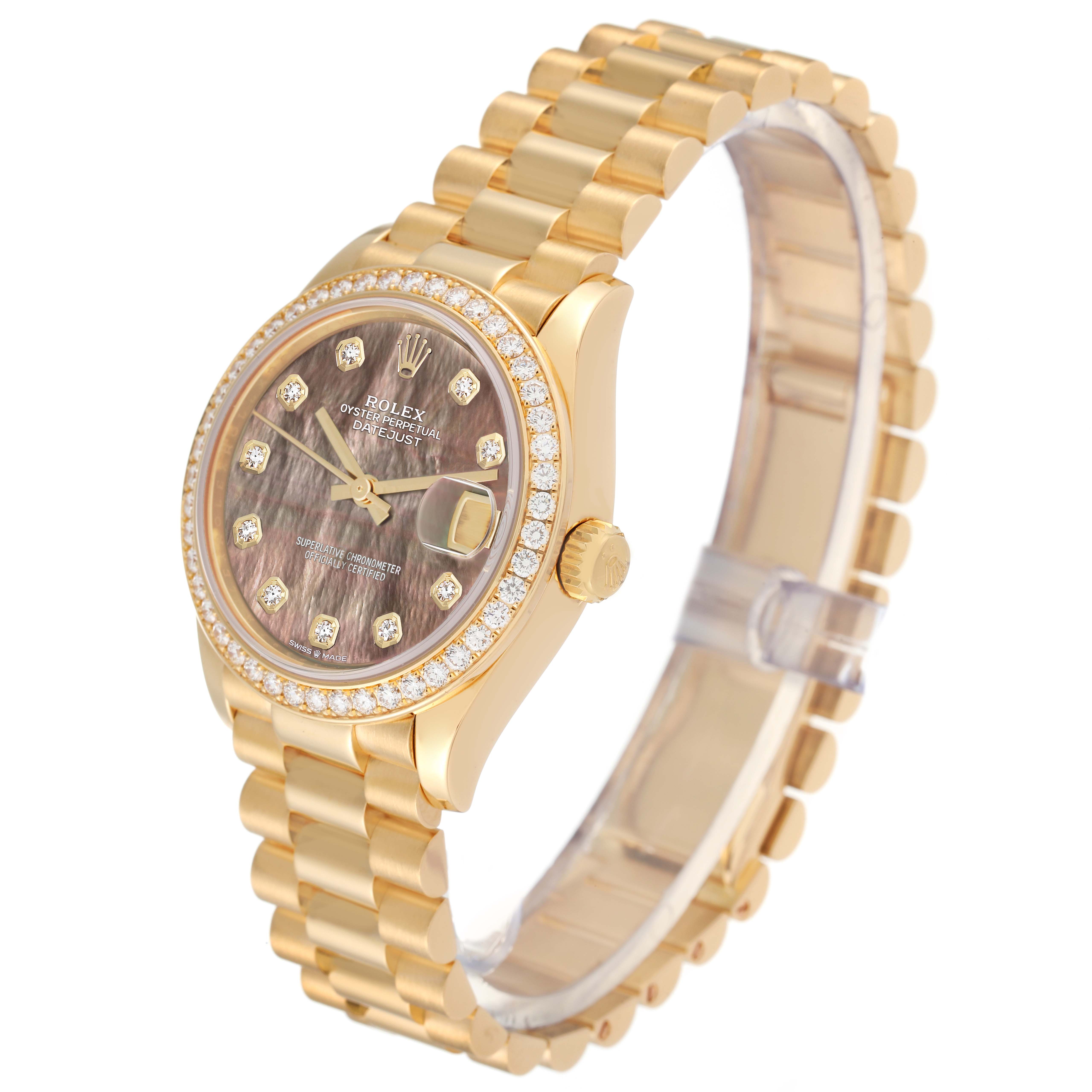 The image shows a Rolex President 278288 Women's Yellow Gold Mother of Pearl Dial 278288 Women's Yellow Gold Mother of Pearl Dial model watch with a gold bracelet and diamond bezel, viewed from a three-quarter angle.