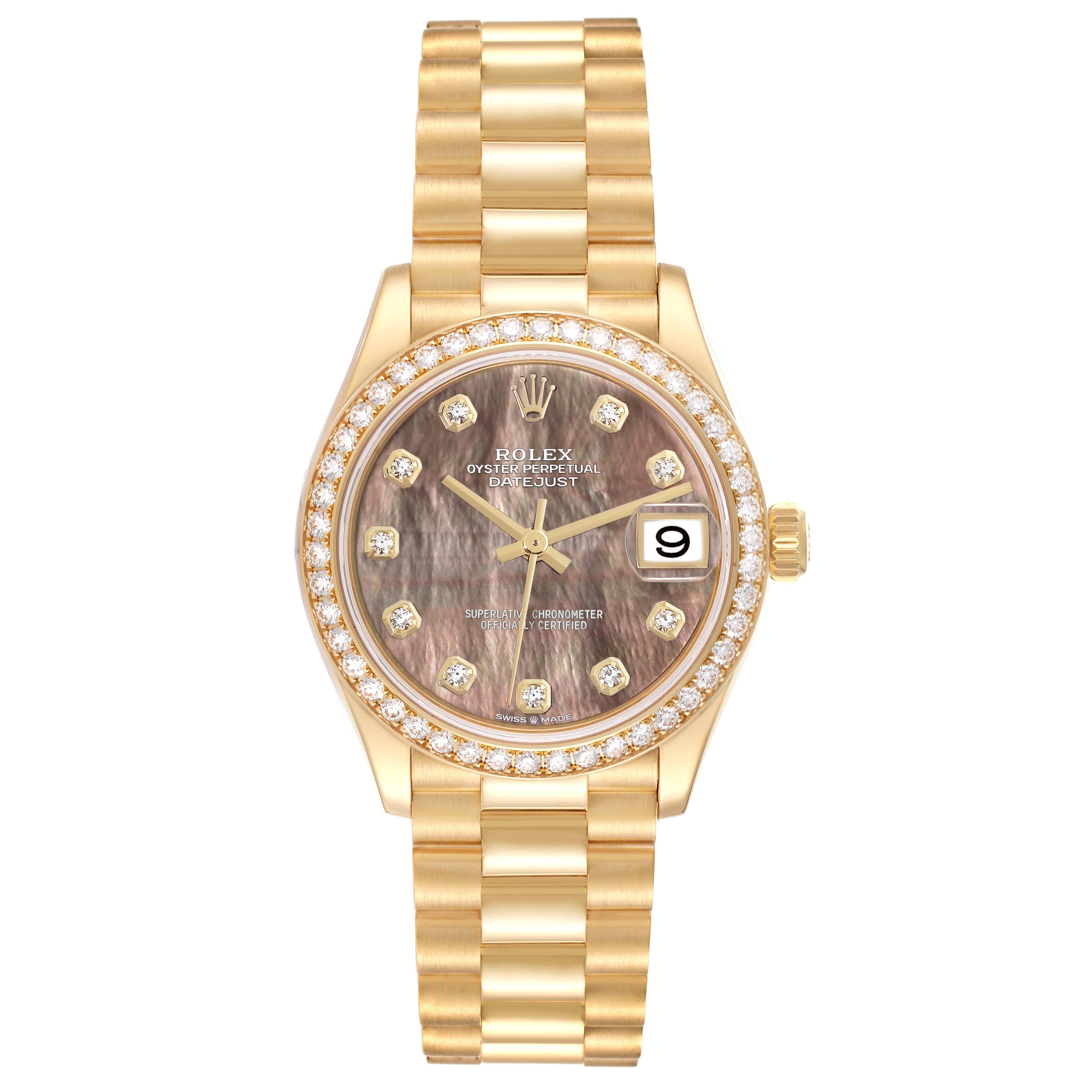This angle of the Rolex President 278288 Women's Yellow Gold Mother of Pearl Dial 278288 Women's Yellow Gold Mother of Pearl Dial model watch shows the full face, band, and crown.