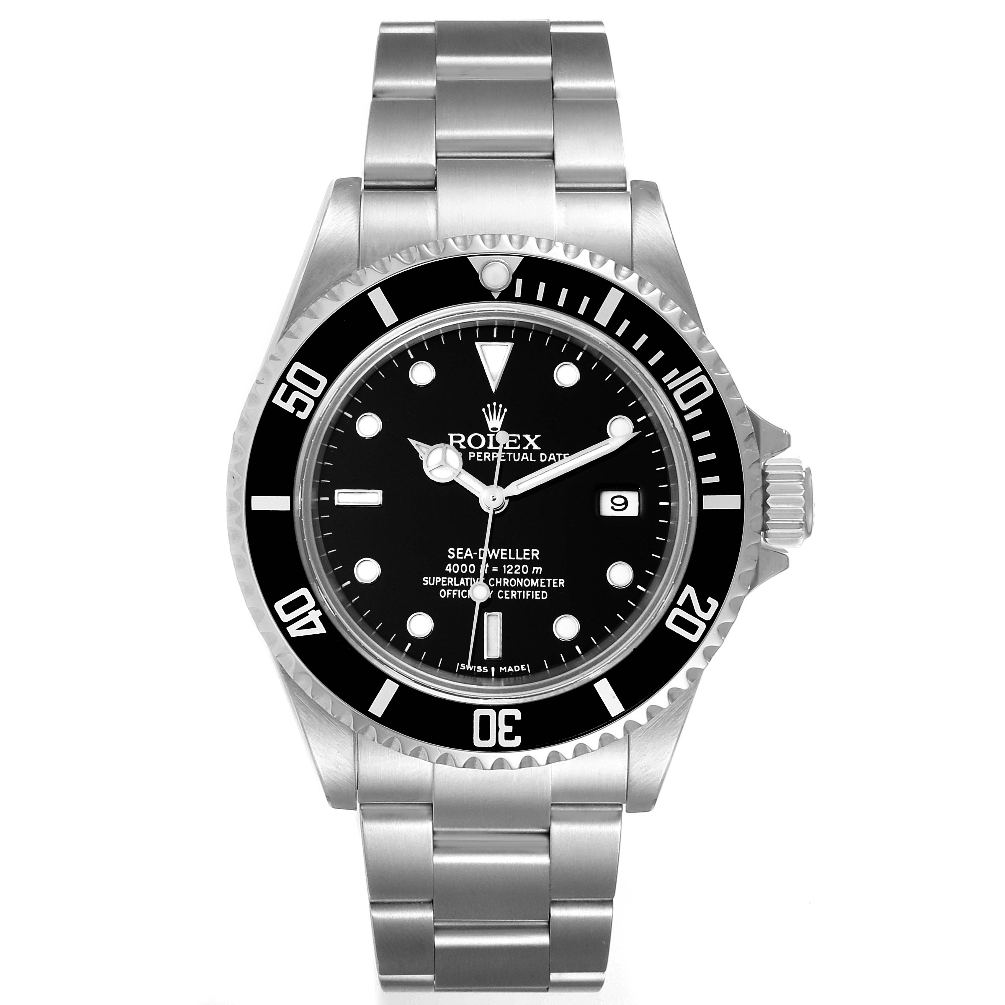 The Rolex Sea-Dweller 16600 Men
s Stainless Steel Black Dial 16600 Men
s Stainless Steel Black Dial watch is shown from the front, displaying the face, bezel, and bracelet in a straight-on angle.