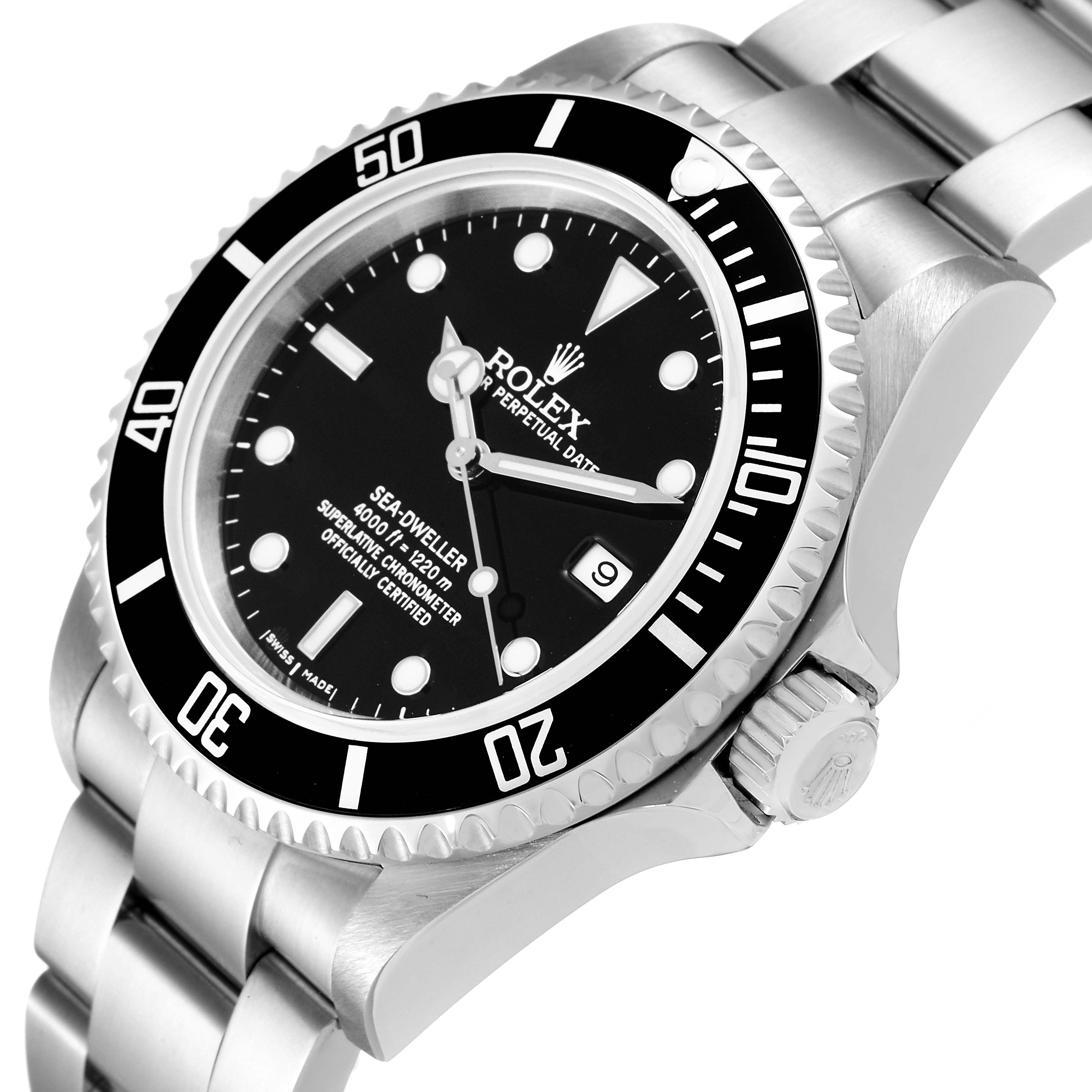 The image shows a close-up, angled view of the Rolex Sea-Dweller 16600 Men
s Stainless Steel Black Dial 16600 Men
s Stainless Steel Black Dial watch displaying its face, bezel, crown, and part of the bracelet.