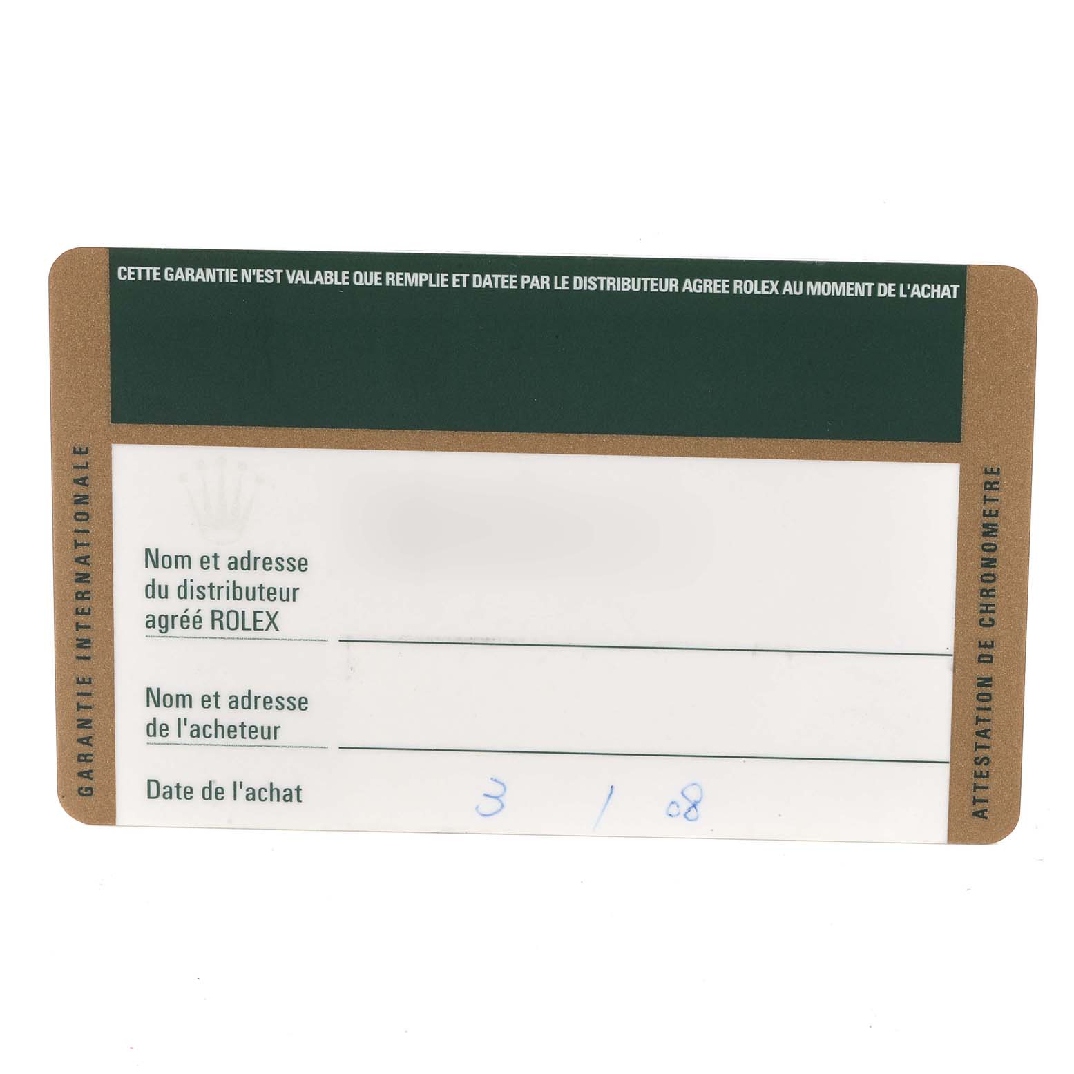 This image shows the warranty card for a Rolex Sea-Dweller 16600 Men
s Stainless Steel Black Dial 16600 Men
s Stainless Steel Black Dial watch with spaces for distributor and buyer information and the purchase date.