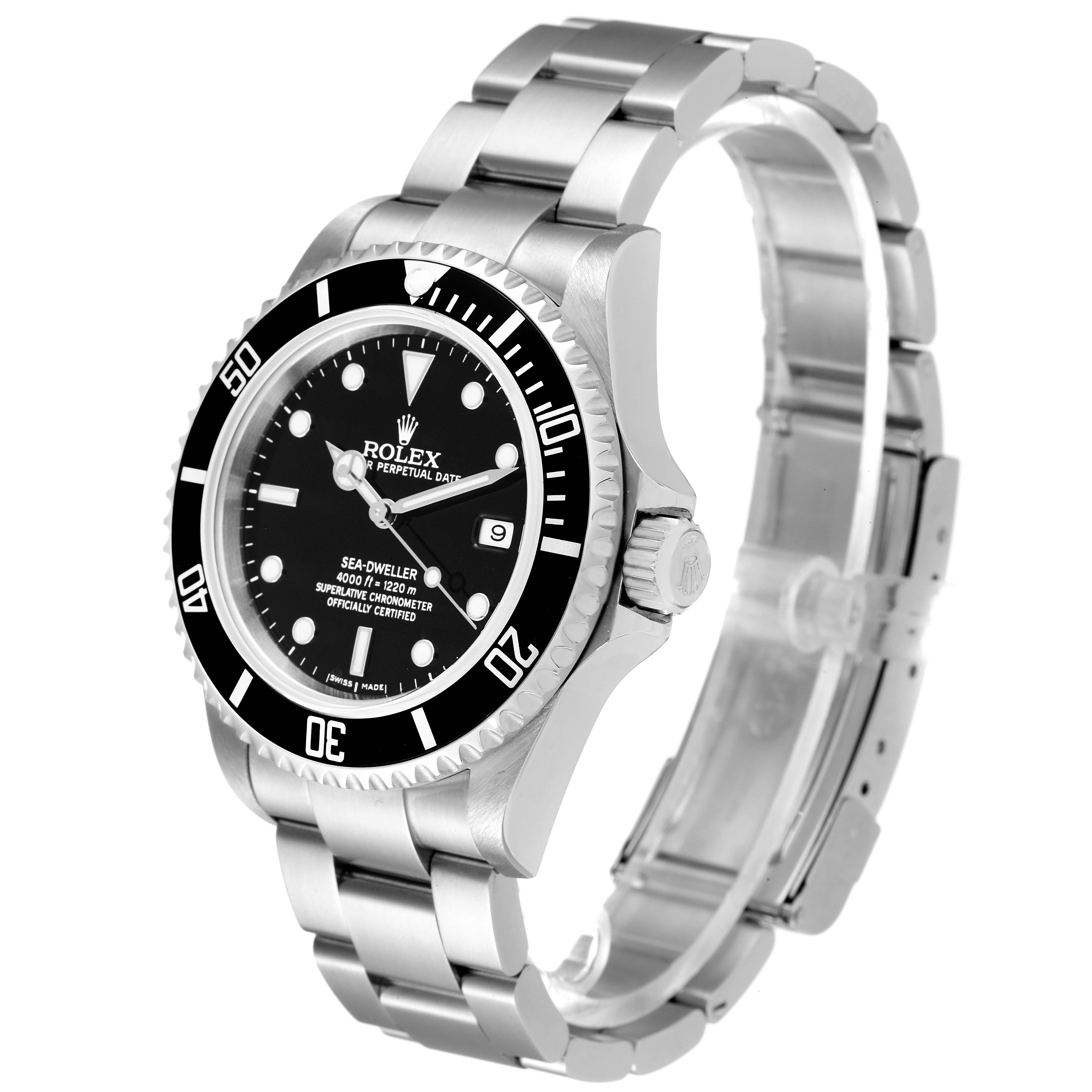 The Rolex Sea-Dweller 16600 Men
s Stainless Steel Black Dial 16600 Men
s Stainless Steel Black Dial watch is shown at a three-quarter angle, displaying the dial, bezel, and bracelet.