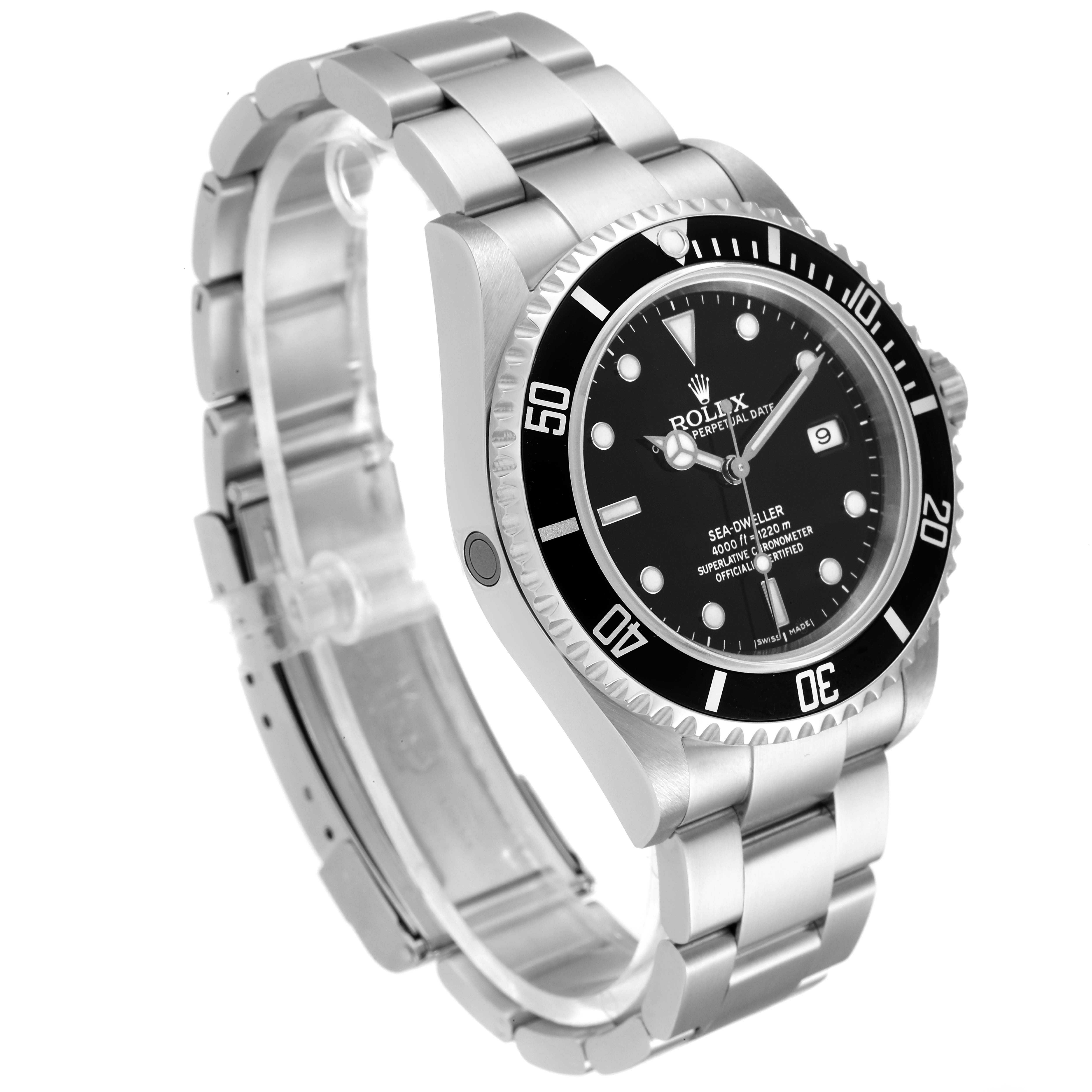 This image shows a three-quarter view of the Rolex Sea-Dweller 16600 Men
s Stainless Steel Black Dial 16600 Men
s Stainless Steel Black Dial watch, highlighting the dial, bezel, and bracelet.