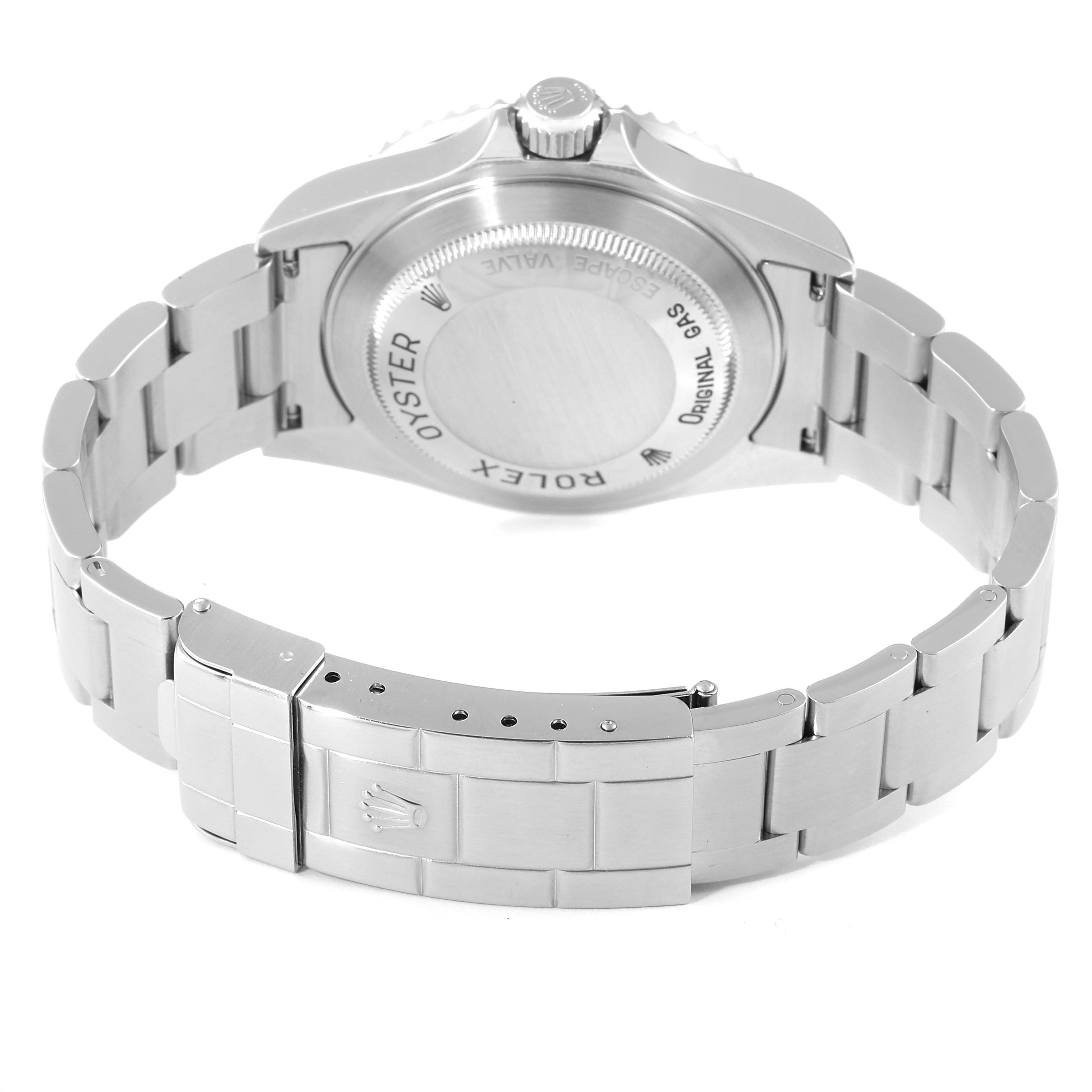 The image shows the rear angle of the Rolex Sea-Dweller 16600 Men
s Stainless Steel Black Dial 16600 Men
s Stainless Steel Black Dial watch, highlighting its clasp, bracelet, and case back.