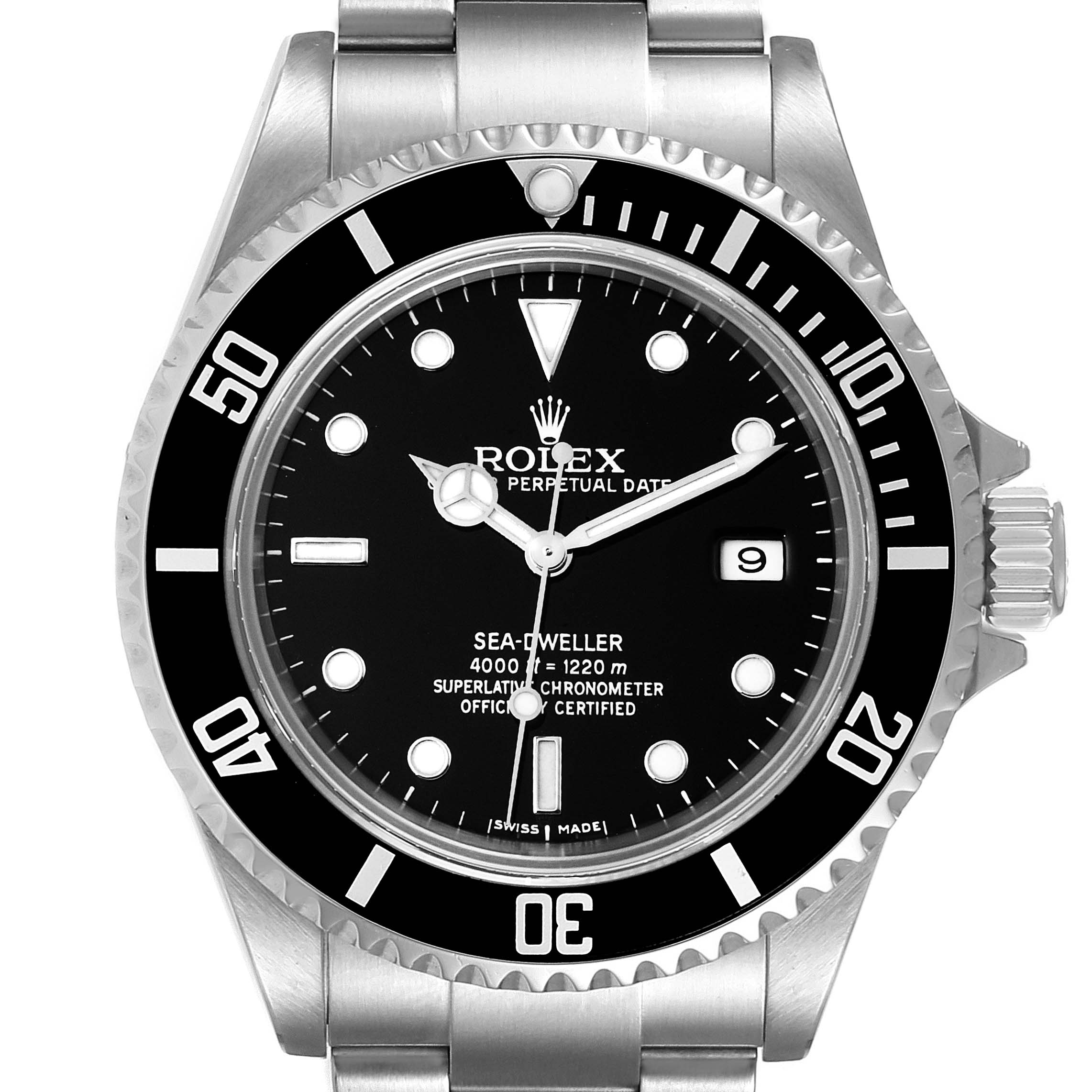 The image shows a front view of a Rolex Sea-Dweller 16600 Men
s Stainless Steel Black Dial 16600 Men
s Stainless Steel Black Dial watch, highlighting its dial, bezel, and part of the bracelet.