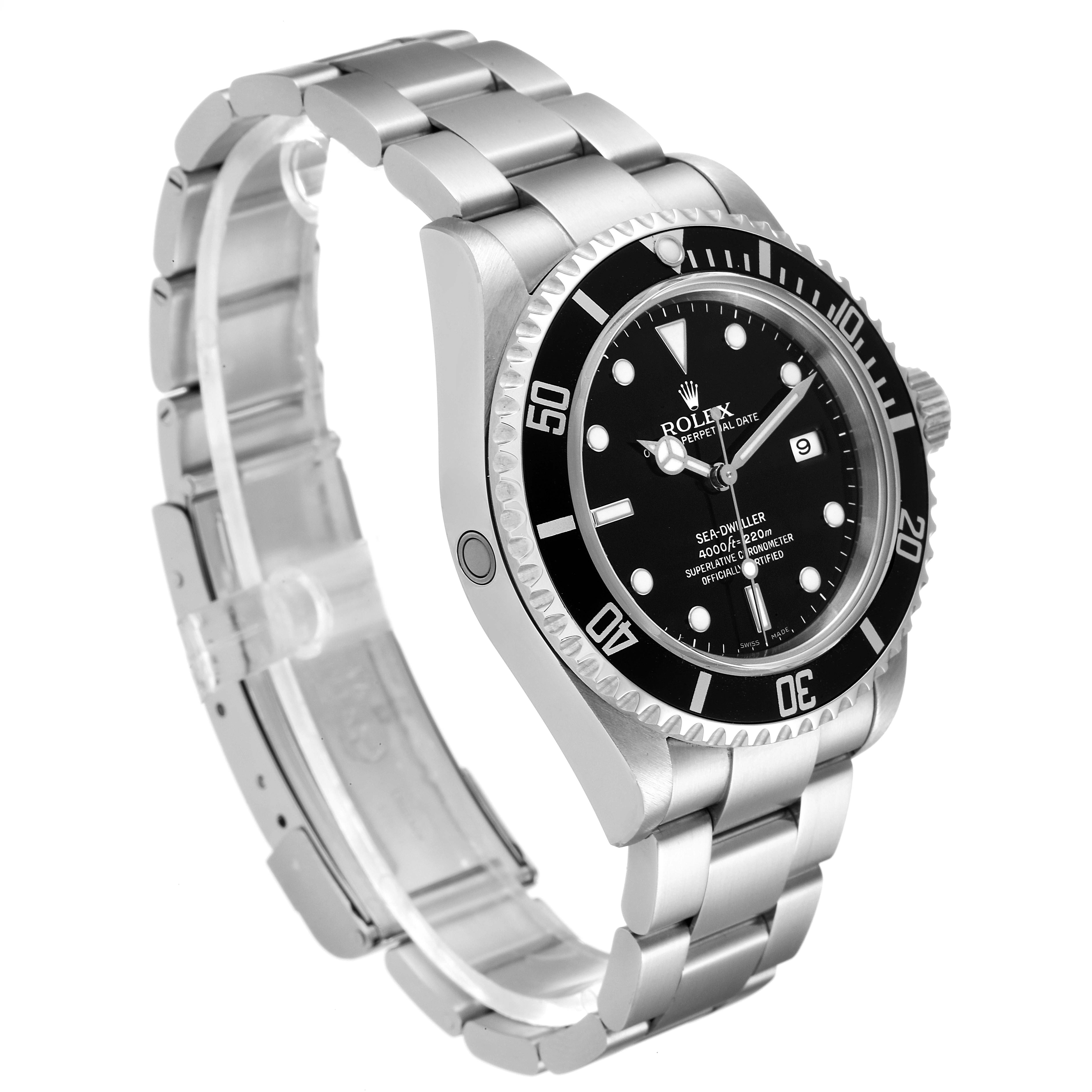 This image shows a side angle of the Rolex Sea-Dweller 16600 Men
s Stainless Steel Black Dial 16600 Men
s Stainless Steel Black Dial watch, highlighting the bracelet, case, bezel, and dial.