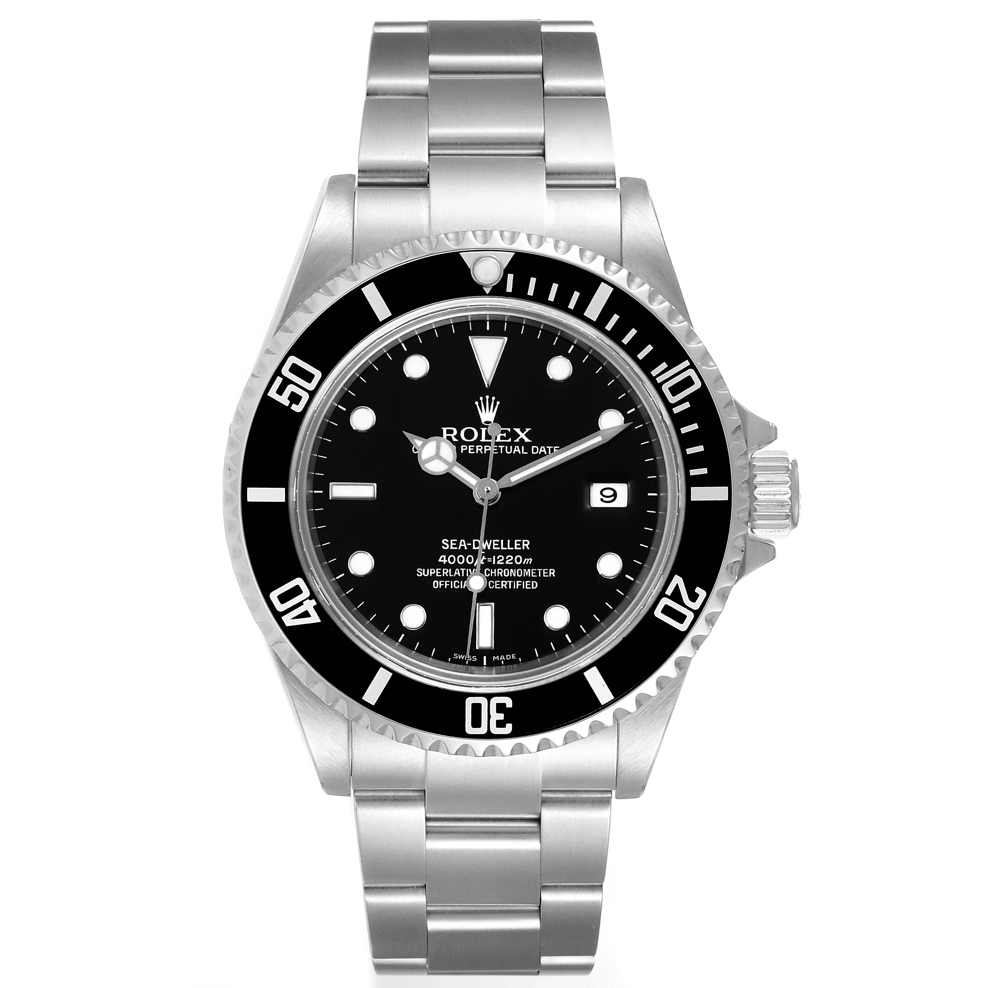 The image shows a front view of the Rolex Sea-Dweller 16600 Men
s Stainless Steel Black Dial 16600 Men
s Stainless Steel Black Dial watch face and bracelet.