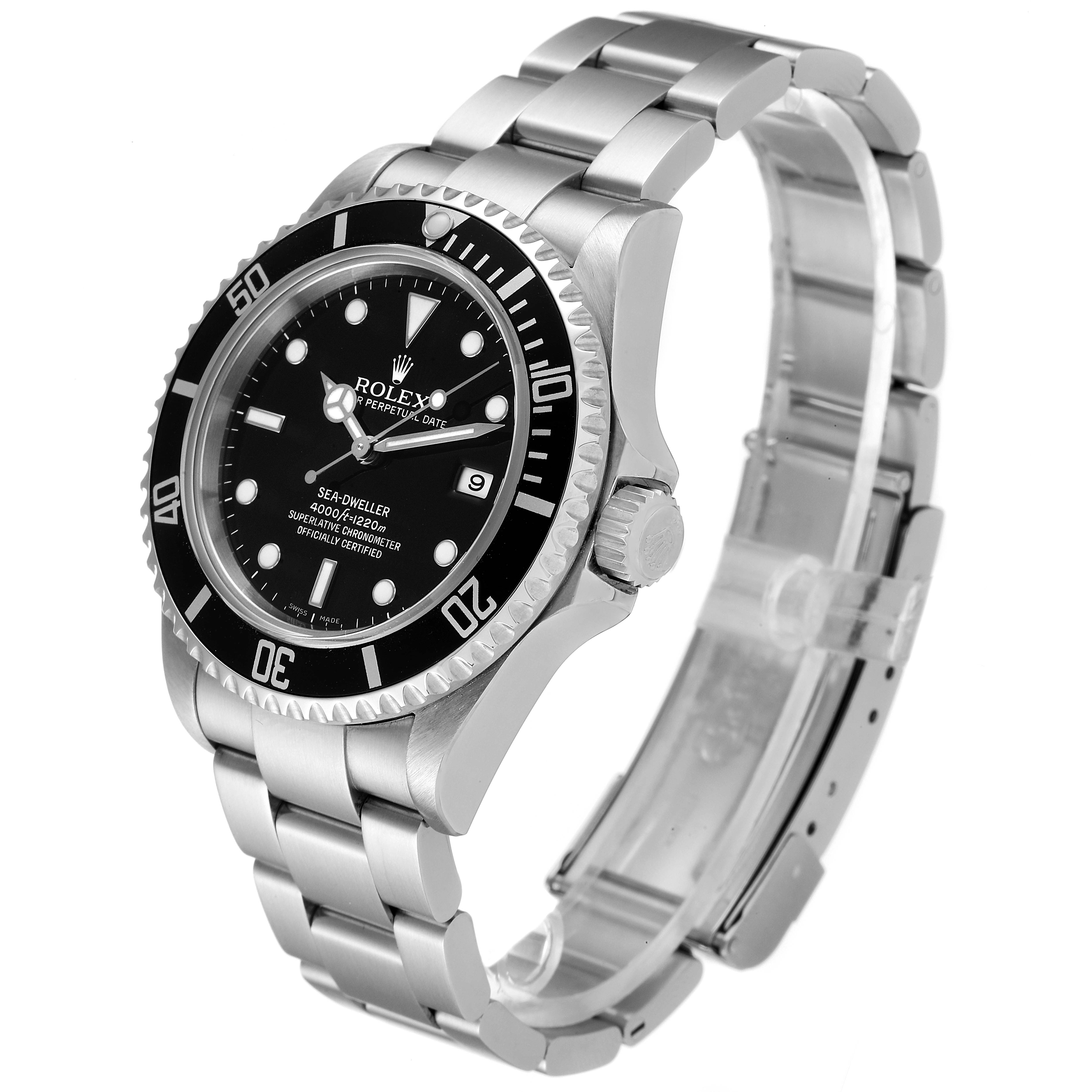 The image shows a Rolex Sea-Dweller 16600 Men
s Stainless Steel Black Dial 16600 Men
s Stainless Steel Black Dial watch at an angled side view, displaying the face, bezel, crown, and band.