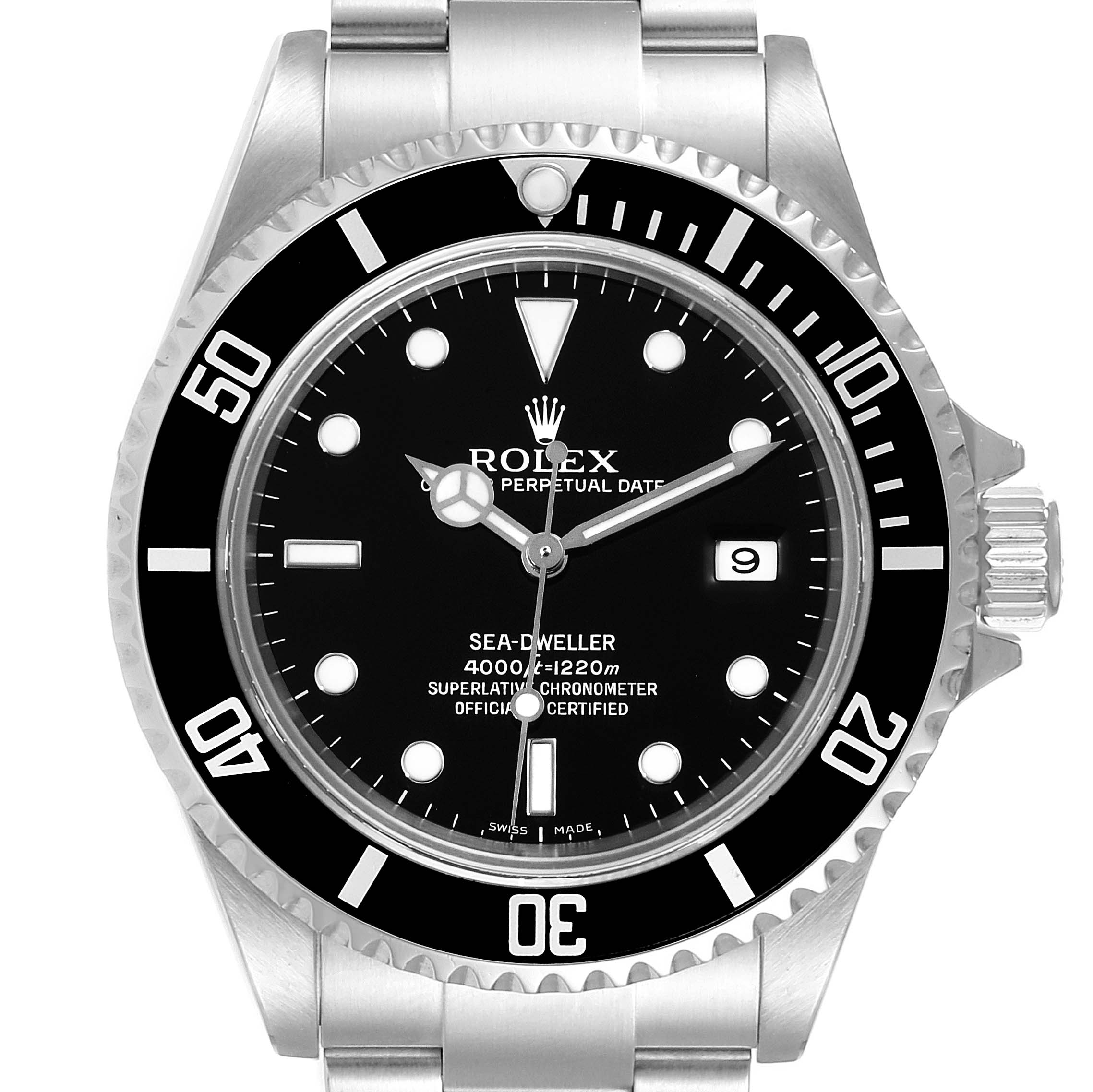 The image shows a front view of the Rolex Sea-Dweller 16600 Men
s Stainless Steel Black Dial 16600 Men
s Stainless Steel Black Dial watch, displaying the dial, bezel, hands, and part of the bracelet.