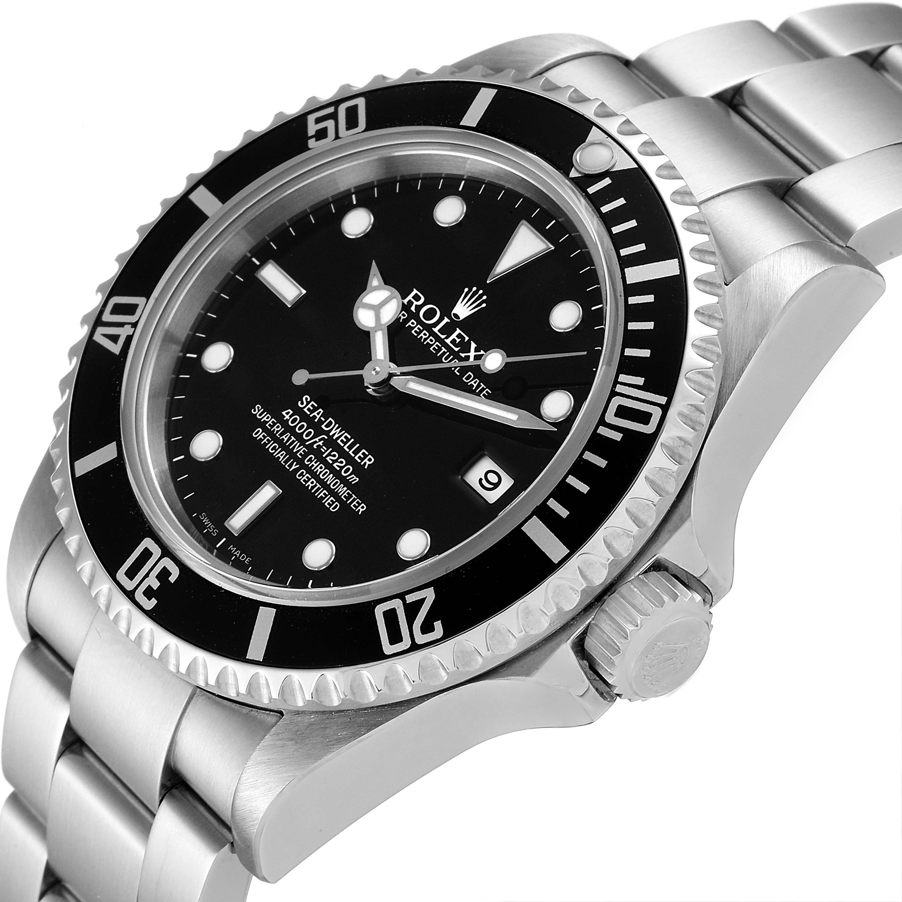 The image shows a Rolex Sea-Dweller 16600 Men
s Stainless Steel Black Dial 16600 Men
s Stainless Steel Black Dial watch angled to display its face, bezel, crown, and part of the bracelet.