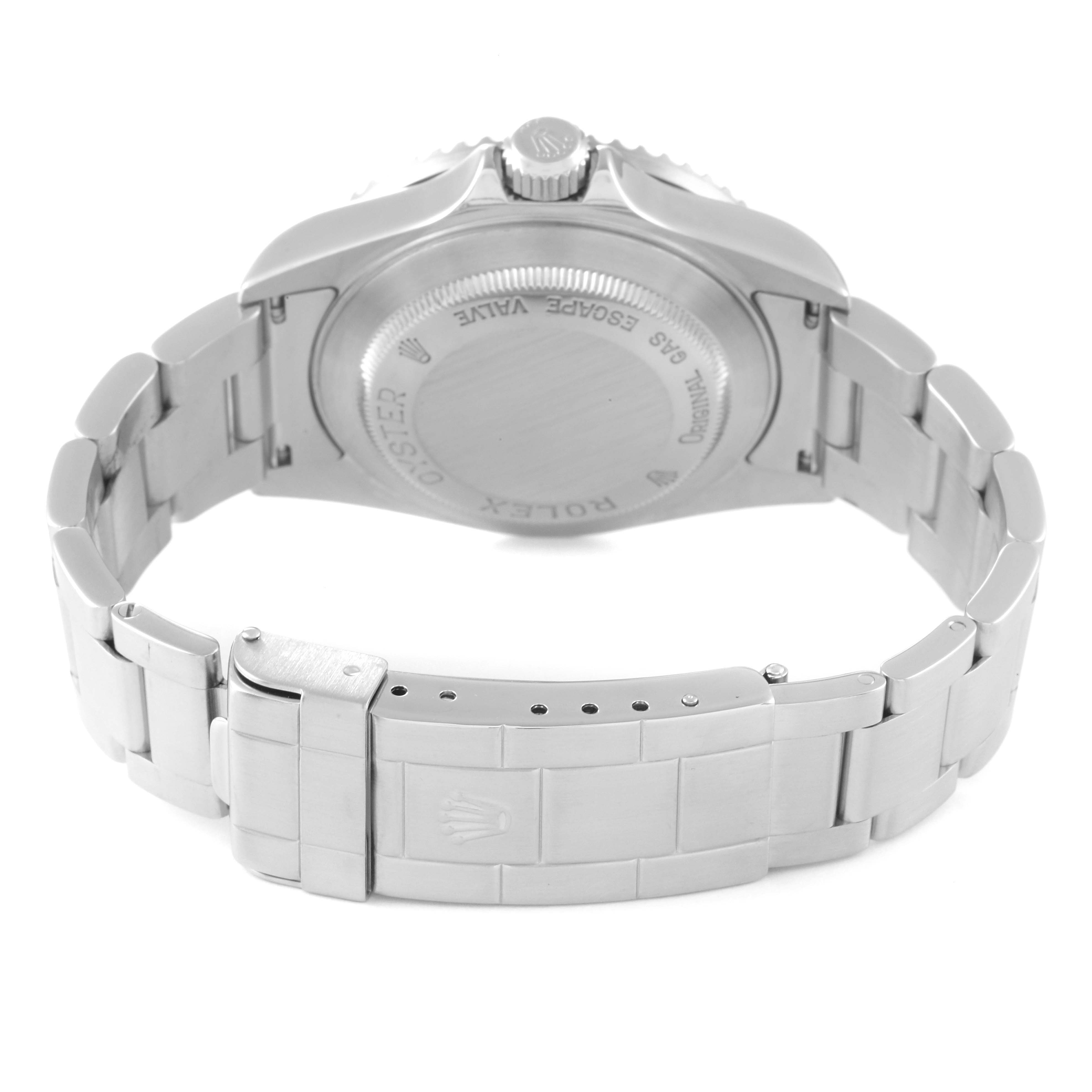 The image shows the Rolex Sea-Dweller 16600 Men
s Stainless Steel Black Dial 16600 Men
s Stainless Steel Black Dial watch from the back, highlighting the case back, bracelet, and clasp.