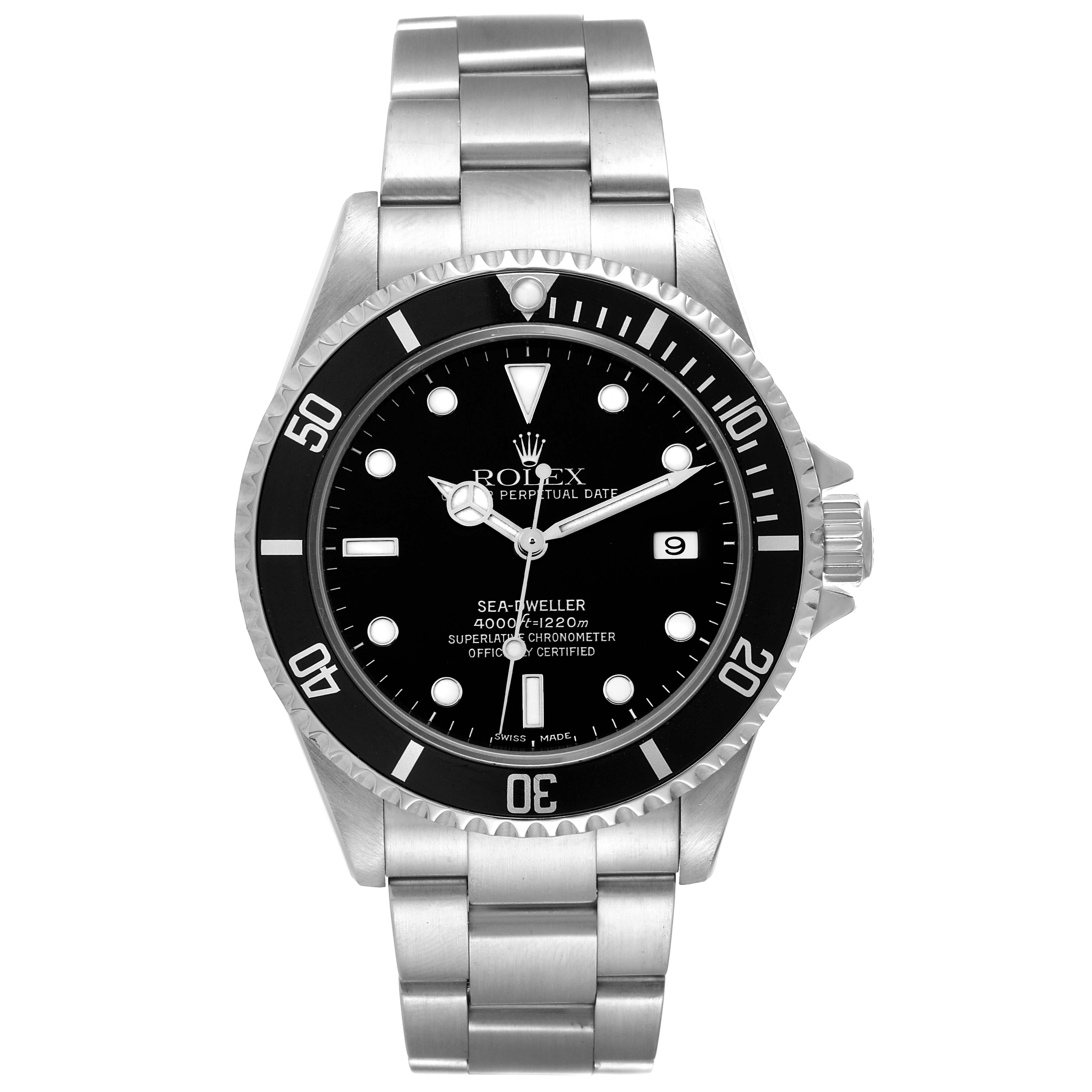 The Rolex Sea-Dweller 16600 Men
s Stainless Steel Black Dial 16600 Men
s Stainless Steel Black Dial watch is shown from a front angle, displaying its face, bezel, crown, and bracelet.