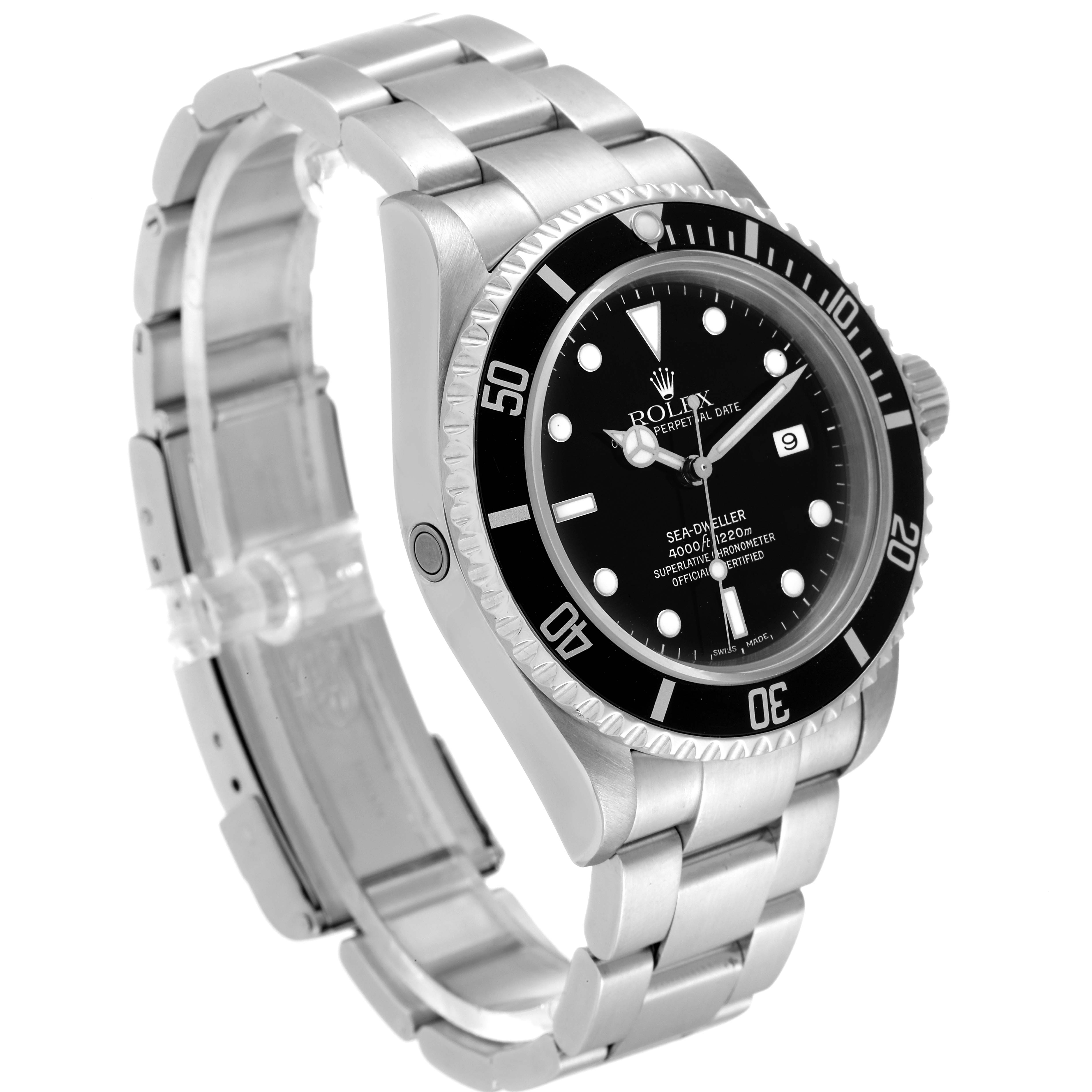 This Rolex Sea-Dweller 16600 Men
s Stainless Steel Black Dial 16600 Men
s Stainless Steel Black Dial watch is shown at a side angle, highlighting the dial, bezel, case, and bracelet.