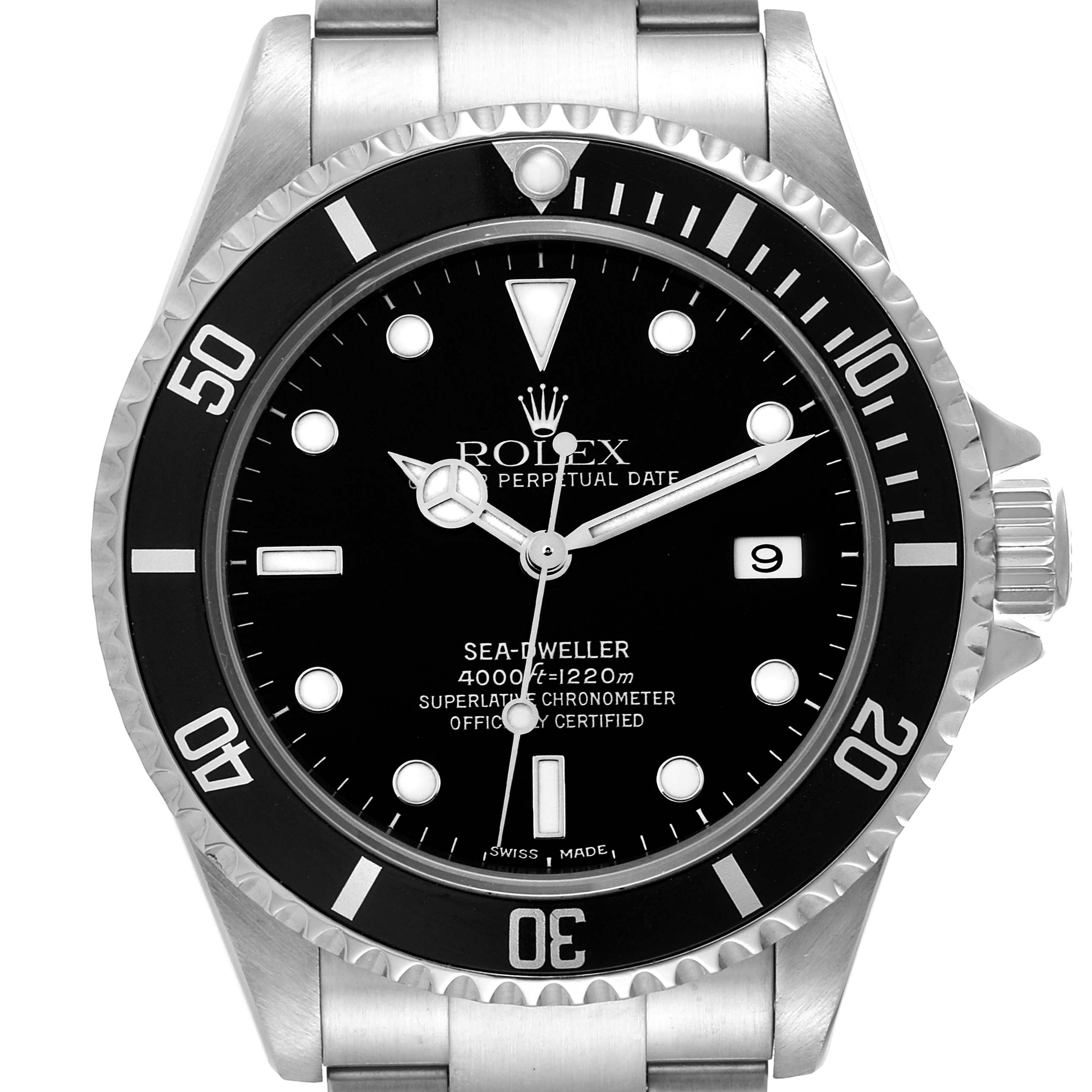 This image shows a front view of the Rolex Sea-Dweller 16600 Men
s Stainless Steel Black Dial 16600 Men
s Stainless Steel Black Dial watch, showcasing its dial, bezel, markers, hands, and part of the bracelet.