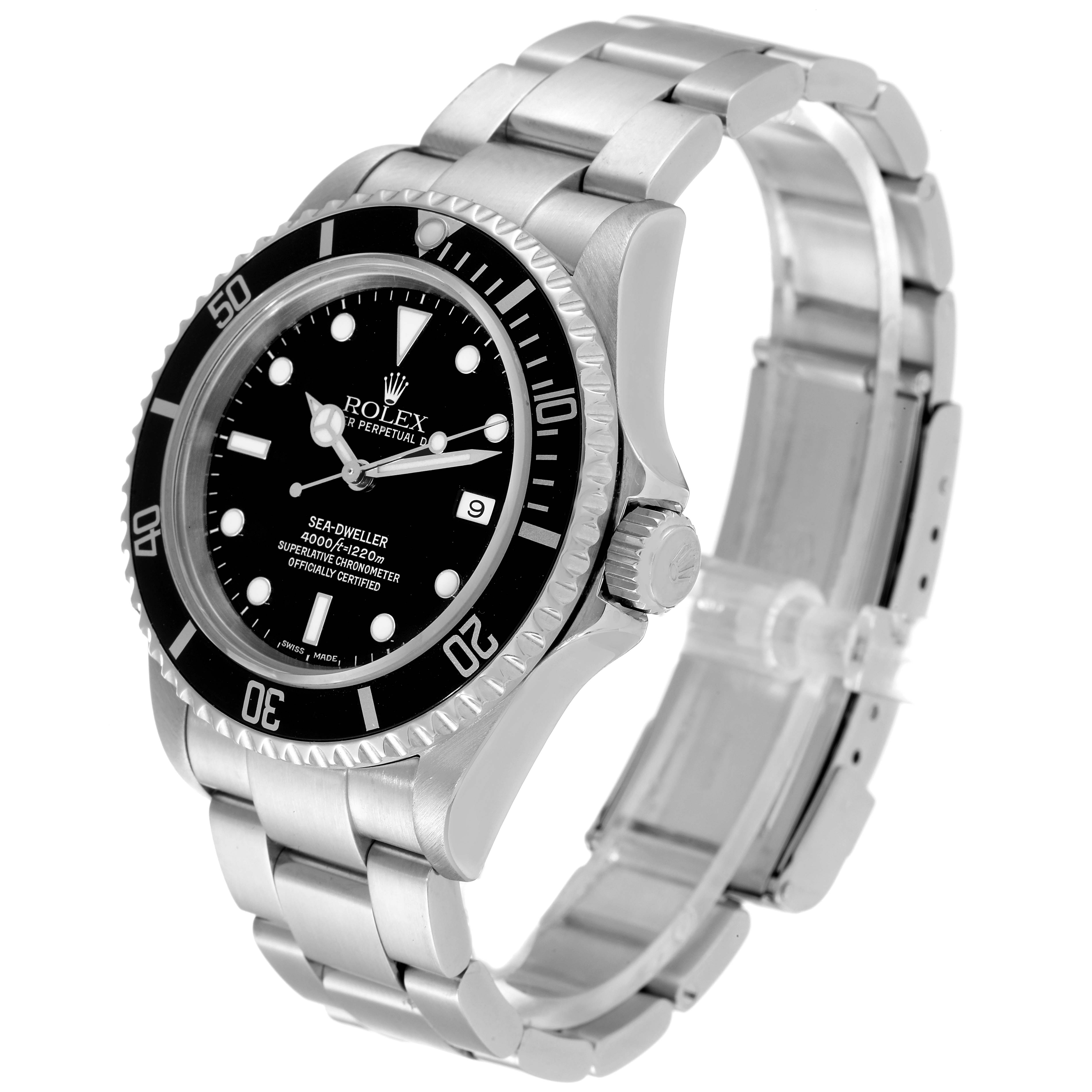 The Rolex Sea-Dweller 16600 Men
s Stainless Steel Black Dial 16600 Men
s Stainless Steel Black Dial watch is shown at a slight angle, displaying the face, bezel, crown, and bracelet.