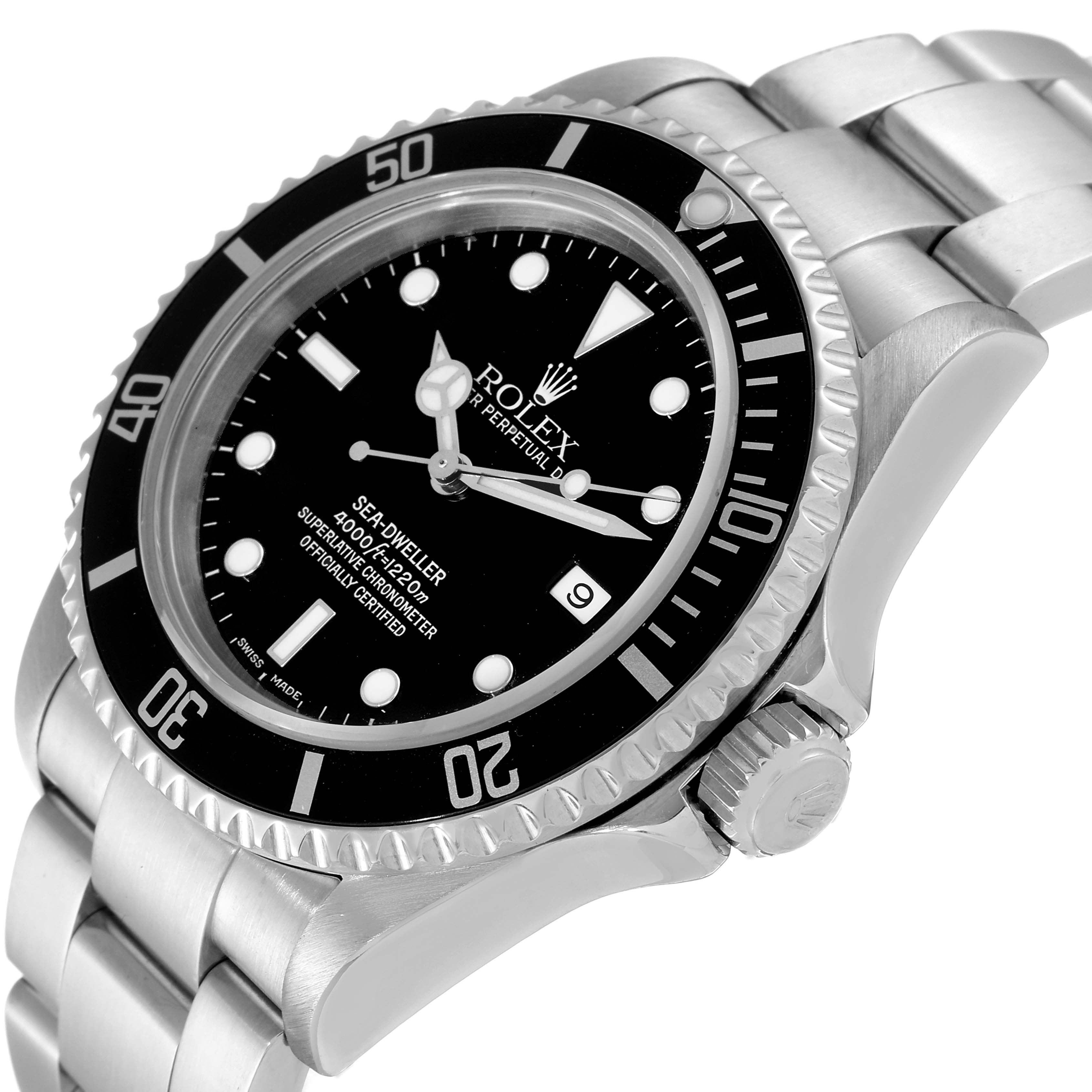 The image shows a Rolex Sea-Dweller 16600 Men
s Stainless Steel Black Dial 16600 Men
s Stainless Steel Black Dial watch at a tilted angle, highlighting its bezel, crown, dial, and bracelet.