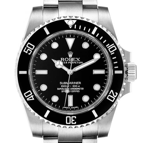 This image shows a front view of the Rolex Submariner watch, highlighting the bezel, dial, hands, and bracelet.