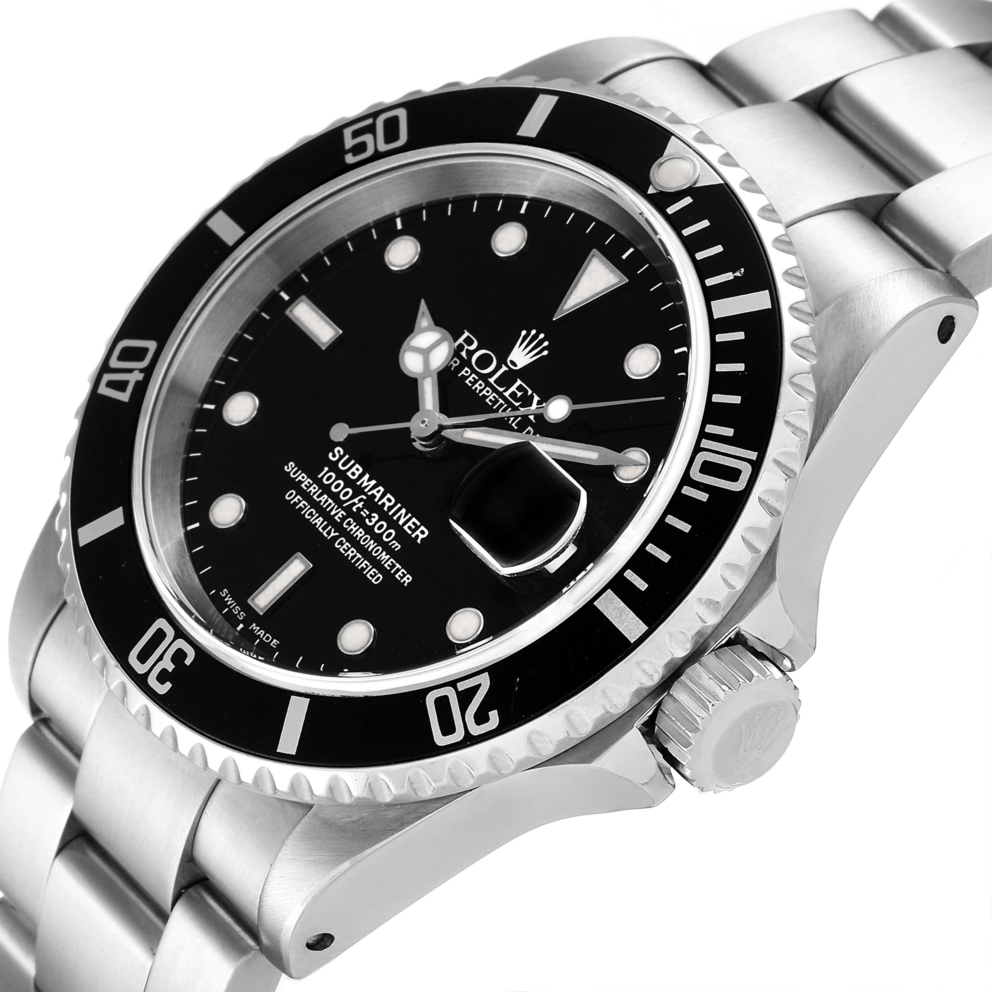 This image shows a Rolex Submariner 16610 Men
s Stainless Steel Black Dial 16610 Men
s Stainless Steel Black Dial watch from an angled view, displaying its black dial, bezel, crown, and stainless steel bracelet.