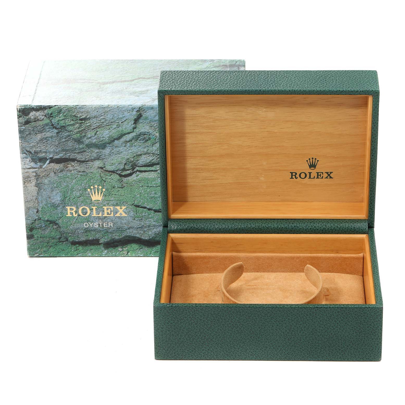 The image shows an opened green Rolex Submariner 16610 Men
s Stainless Steel Black Dial 16610 Men
s Stainless Steel Black Dial watch box with its inner suede cushion, alongside the outer packaging box.