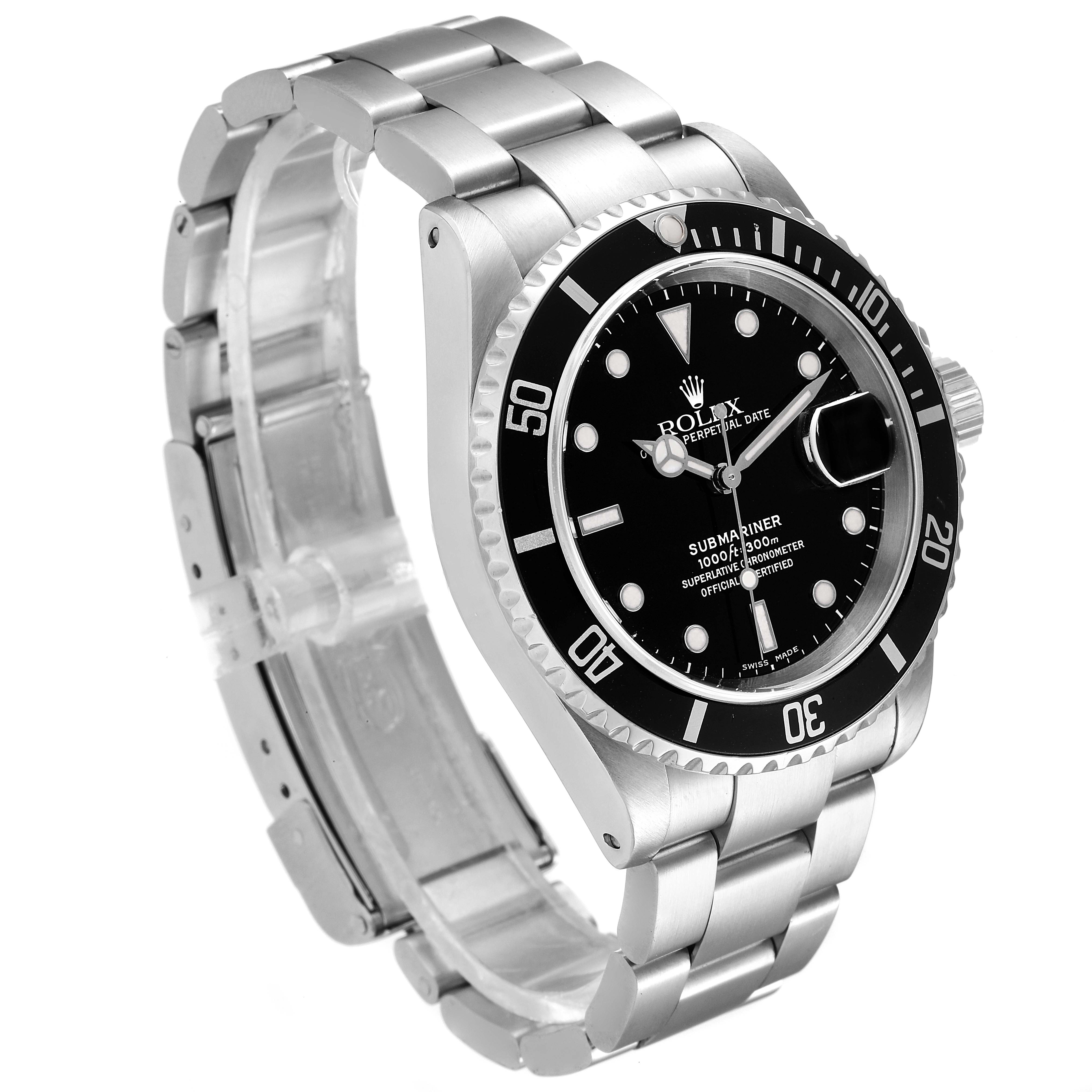 The Rolex Submariner 16610 Men
s Stainless Steel Black Dial 16610 Men
s Stainless Steel Black Dial watch is shown at a slight angle, showcasing its face, bezel, and bracelet.