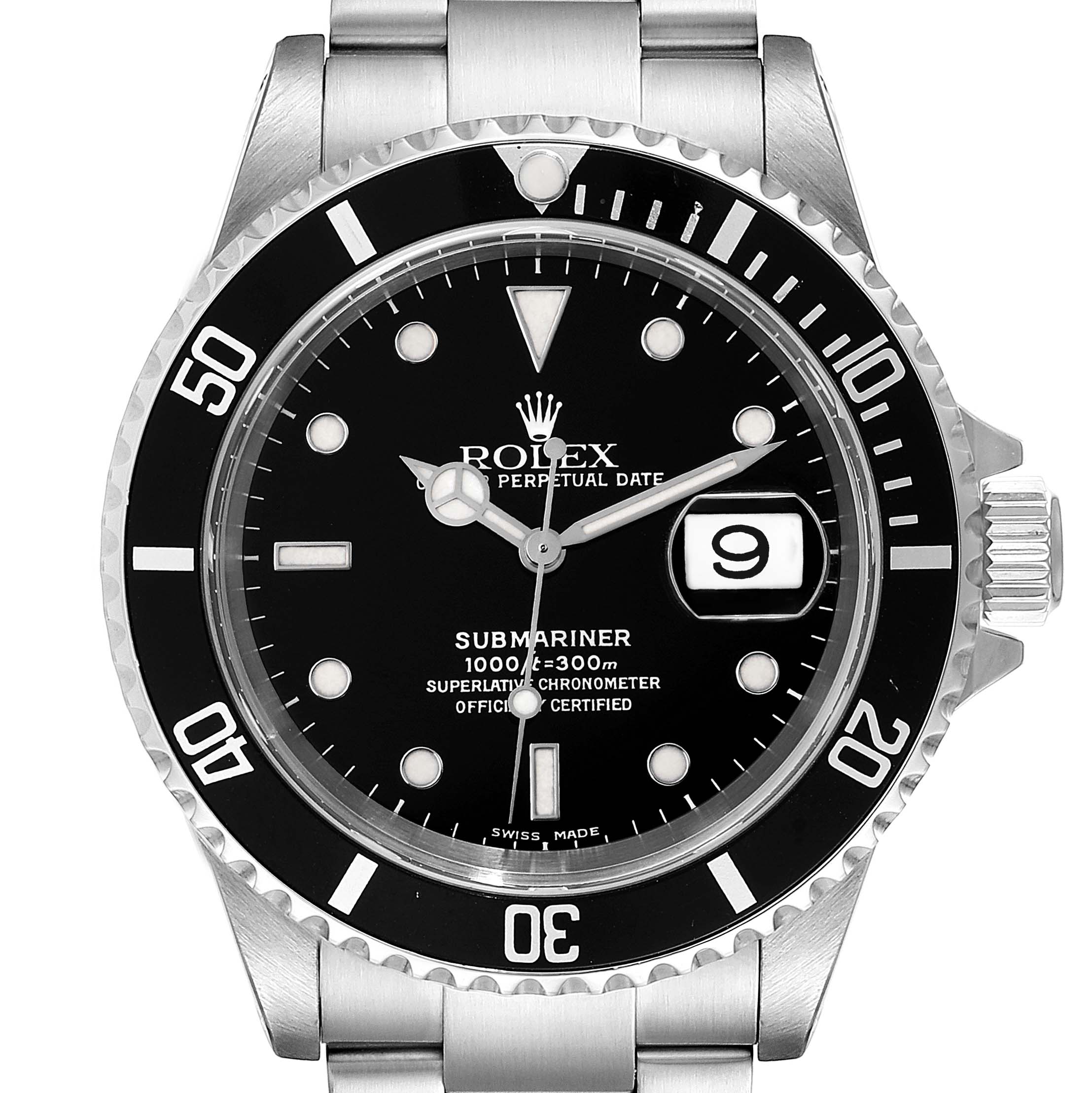 This image shows a front view of the Rolex Submariner 16610 Men
s Stainless Steel Black Dial 16610 Men
s Stainless Steel Black Dial watch, displaying the dial, bezel, crown, and part of the bracelet.