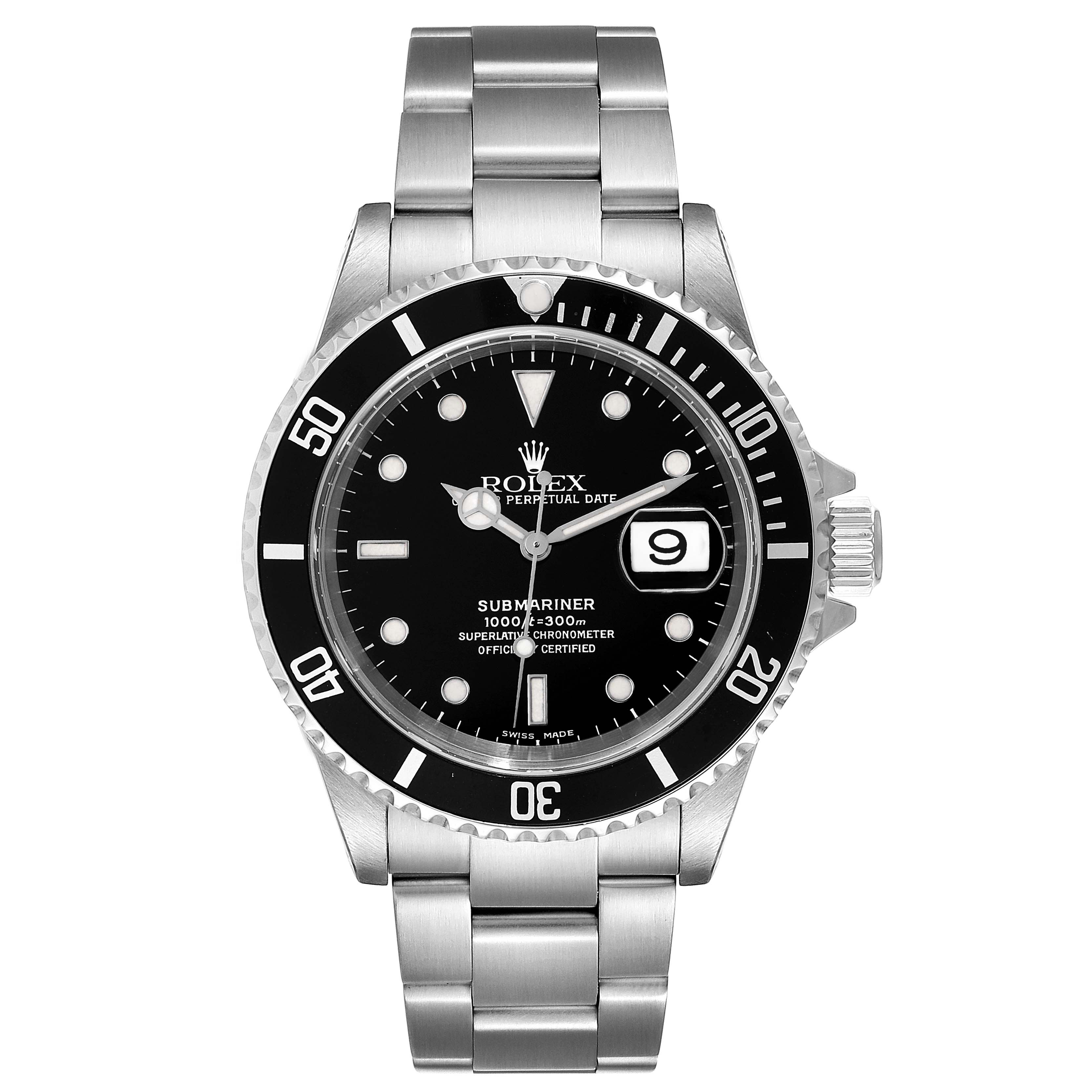 This Rolex Submariner 16610 Men
s Stainless Steel Black Dial 16610 Men
s Stainless Steel Black Dial model is shown from a front angle, displaying the dial, bezel, and bracelet.