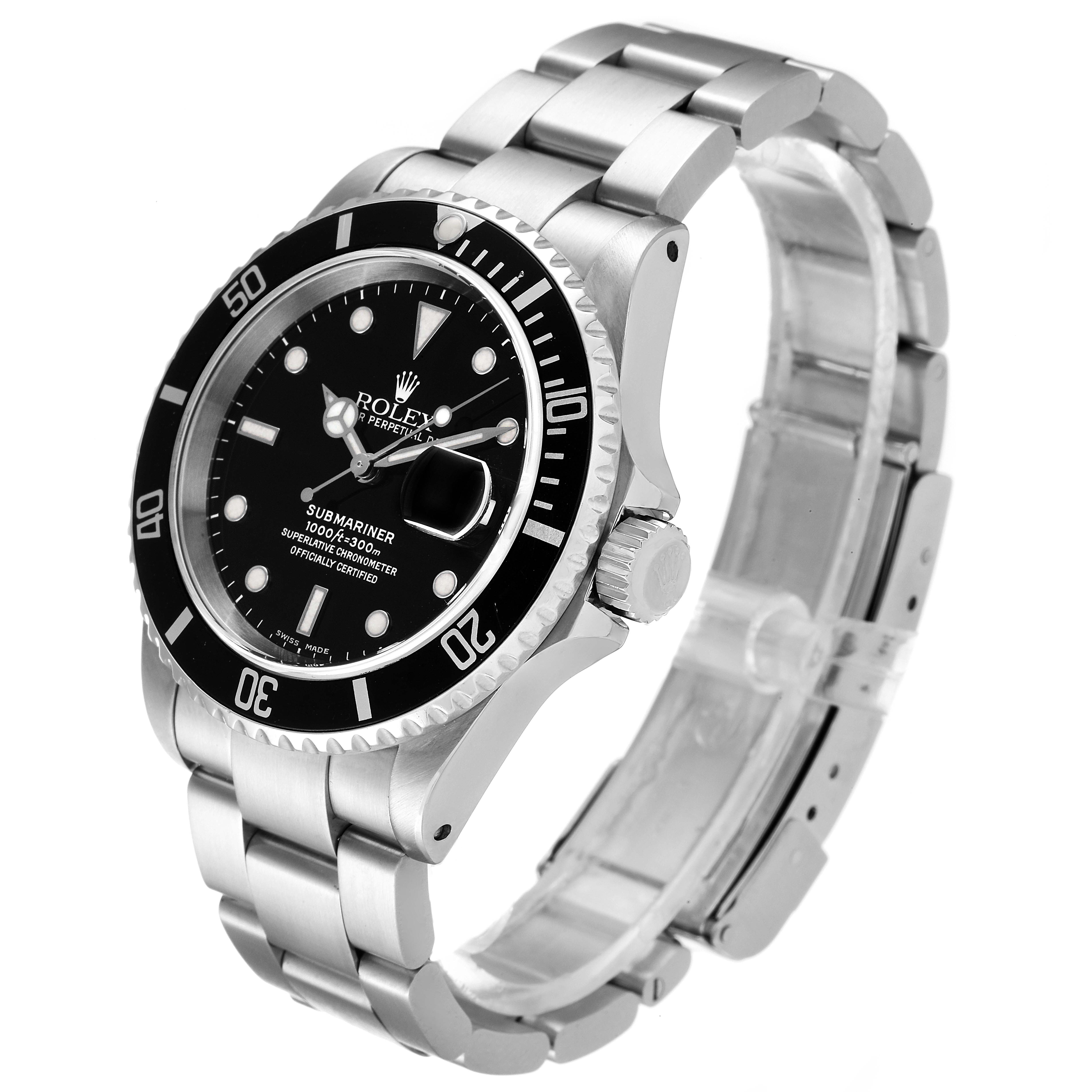 The image shows a Rolex Submariner 16610 Men
s Stainless Steel Black Dial 16610 Men
s Stainless Steel Black Dial watch from a three-quarter angle, displaying its bezel, dial, crown, and bracelet.