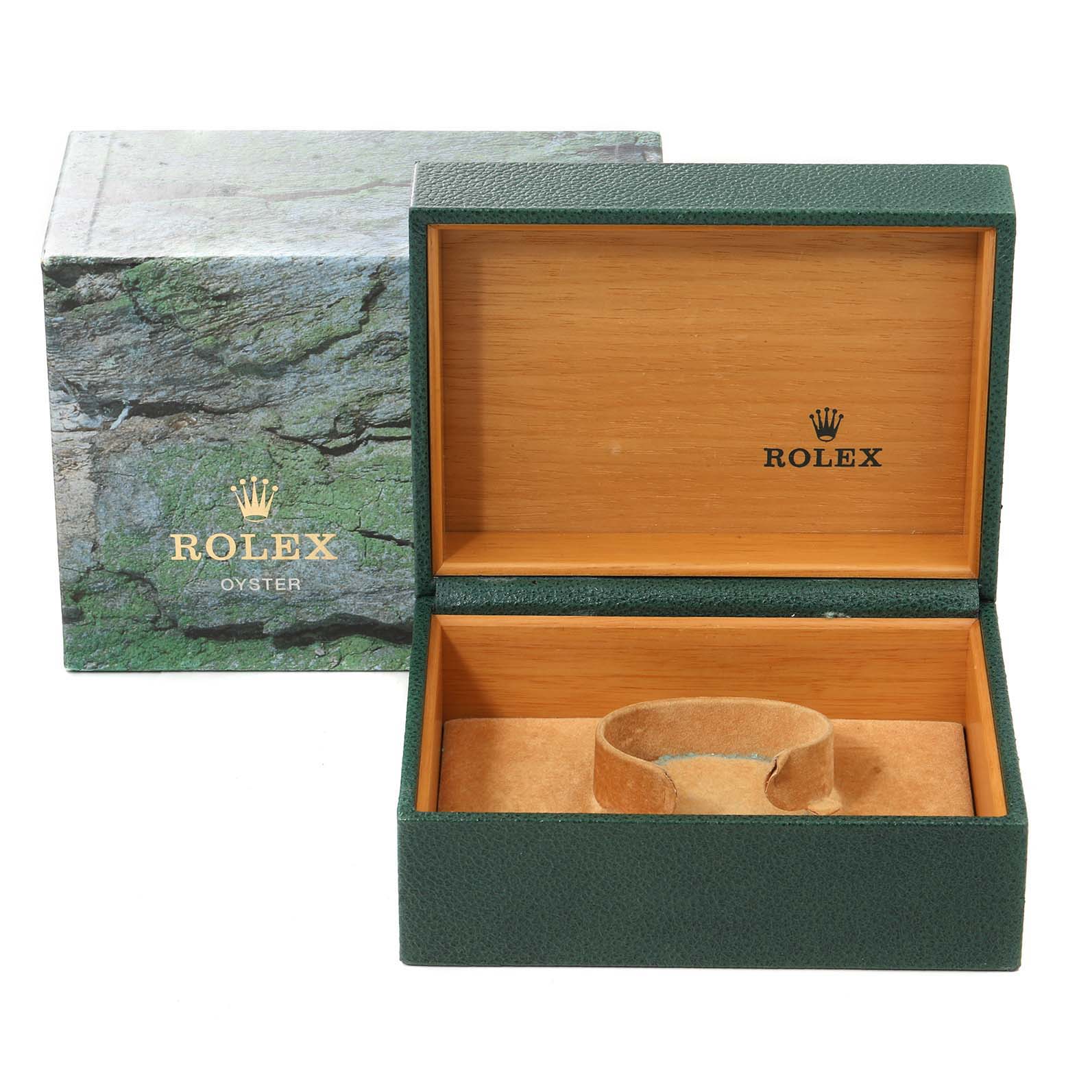 The image shows a green Rolex Submariner 16610 Men's Stainless Steel Black Dial 16610 Men's Stainless Steel Black Dial box with an open lid and an inner cushion, accompanied by its outer packaging.