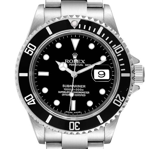 This image shows a frontal view of a Rolex Submariner watch, highlighting the dial, bezel, and bracelet.