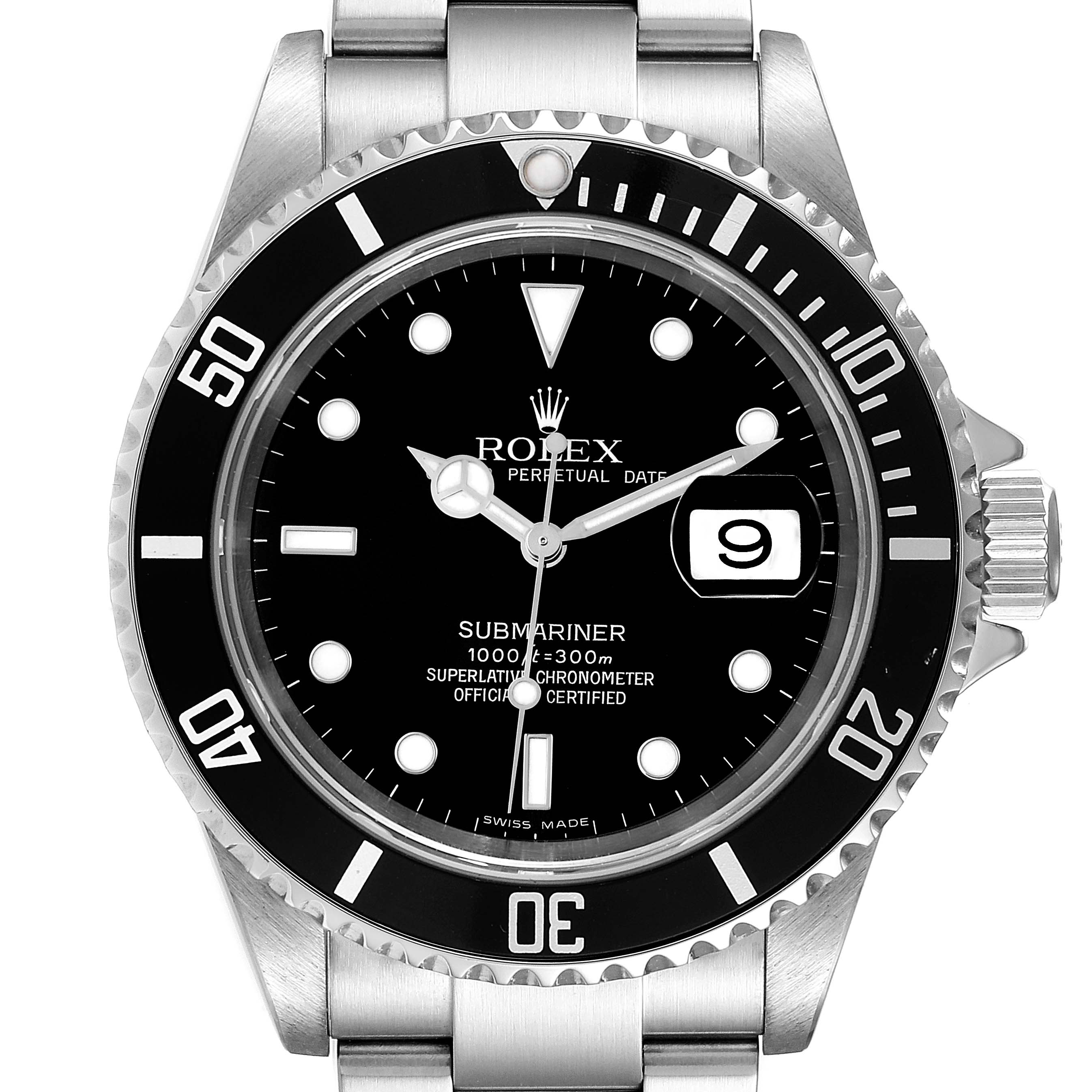 This is a front view of the Rolex Submariner 16610 Men's Stainless Steel Black Dial 16610 Men's Stainless Steel Black Dial, showcasing the dial, bezel, crown, and bracelet.