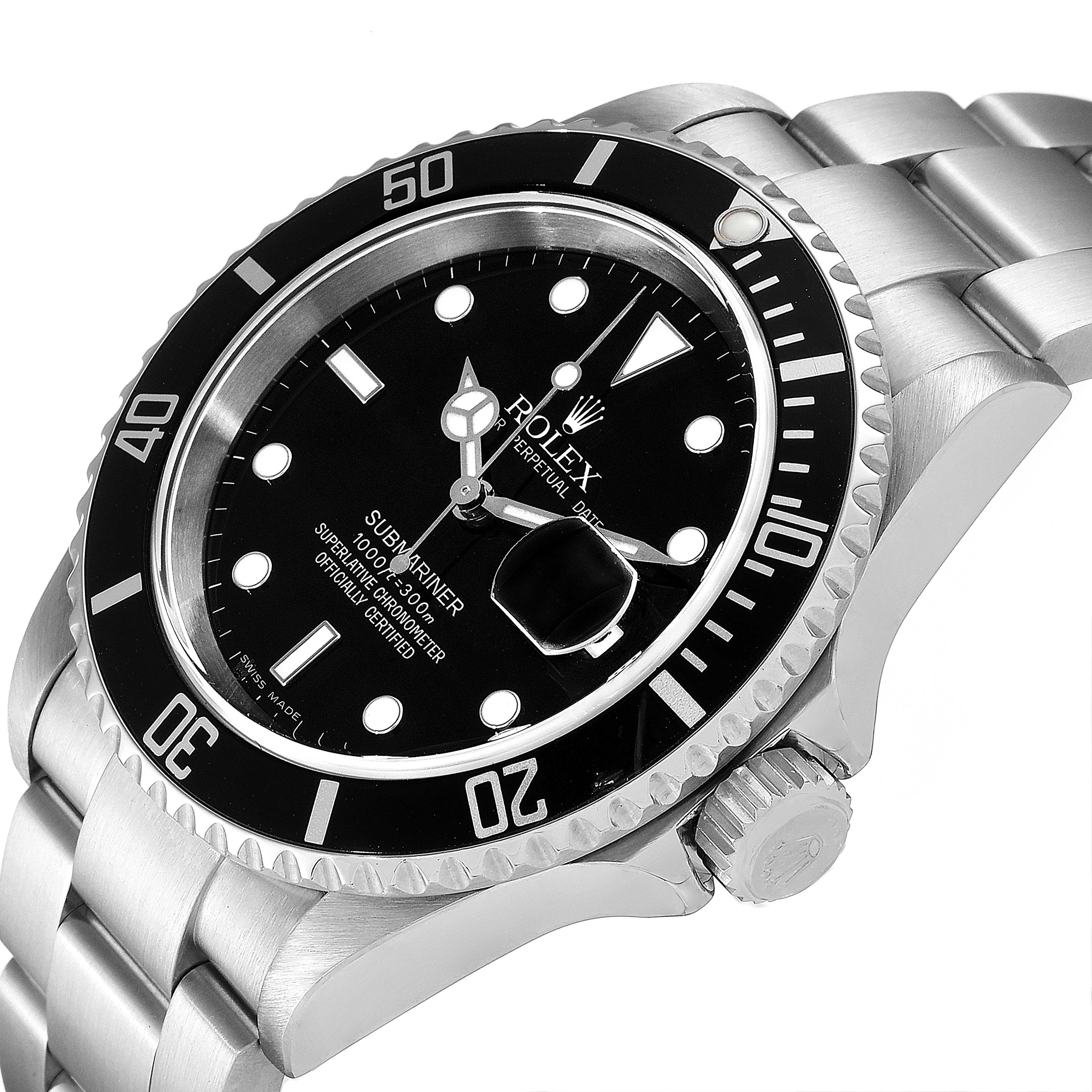The image shows a side and top view of the Rolex Submariner 16610 Men's Stainless Steel Black Dial 16610 Men's Stainless Steel Black Dial, highlighting the bezel, dial, crown, and bracelet.