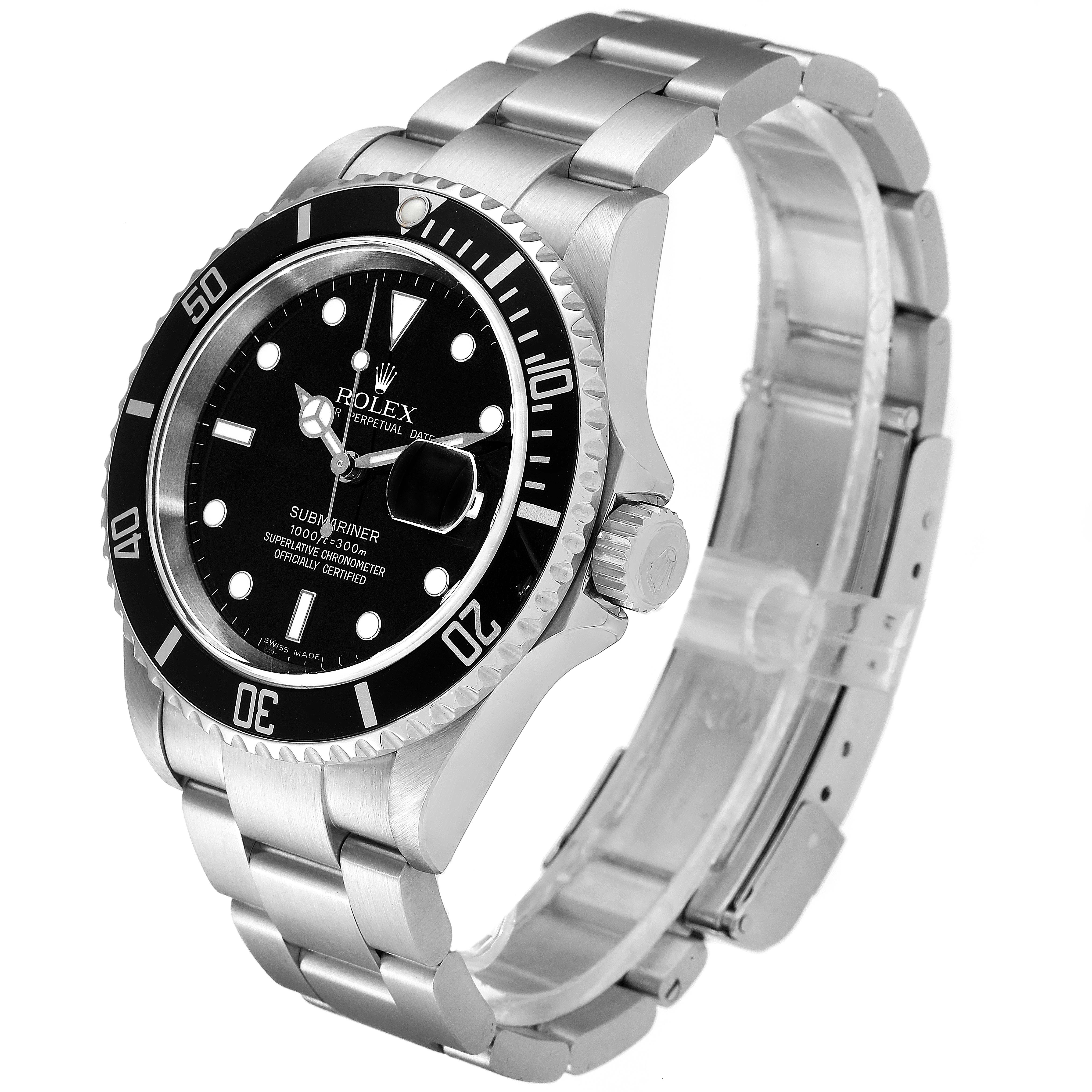 The image shows a Rolex Submariner 16610 Men's Stainless Steel Black Dial 16610 Men's Stainless Steel Black Dial watch at a three-quarter angle, highlighting the dial, bezel, crown, and bracelet.