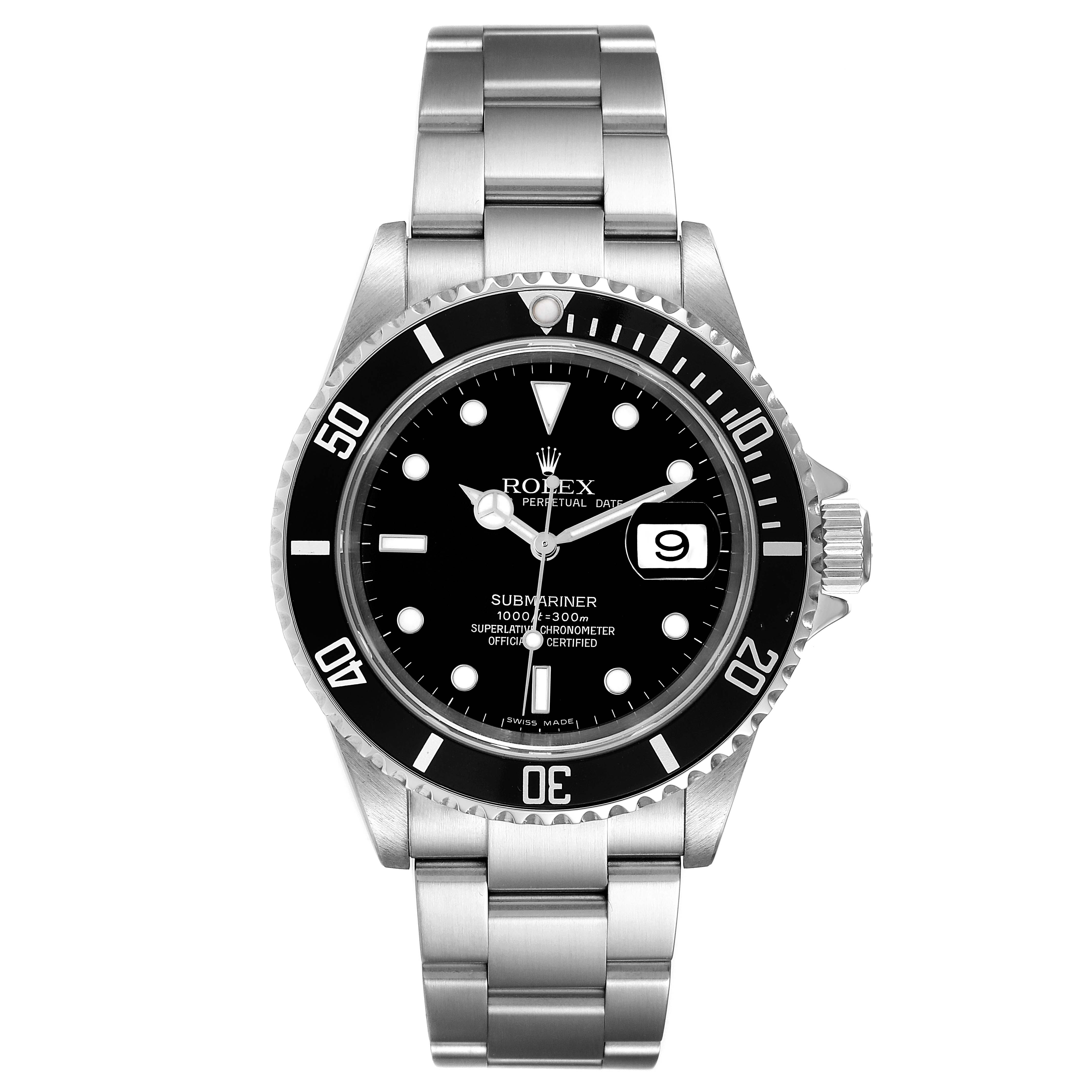 This image shows a front view of the Rolex Submariner 16610 Men's Stainless Steel Black Dial 16610 Men's Stainless Steel Black Dial watch, displaying the dial, bezel, and bracelet.