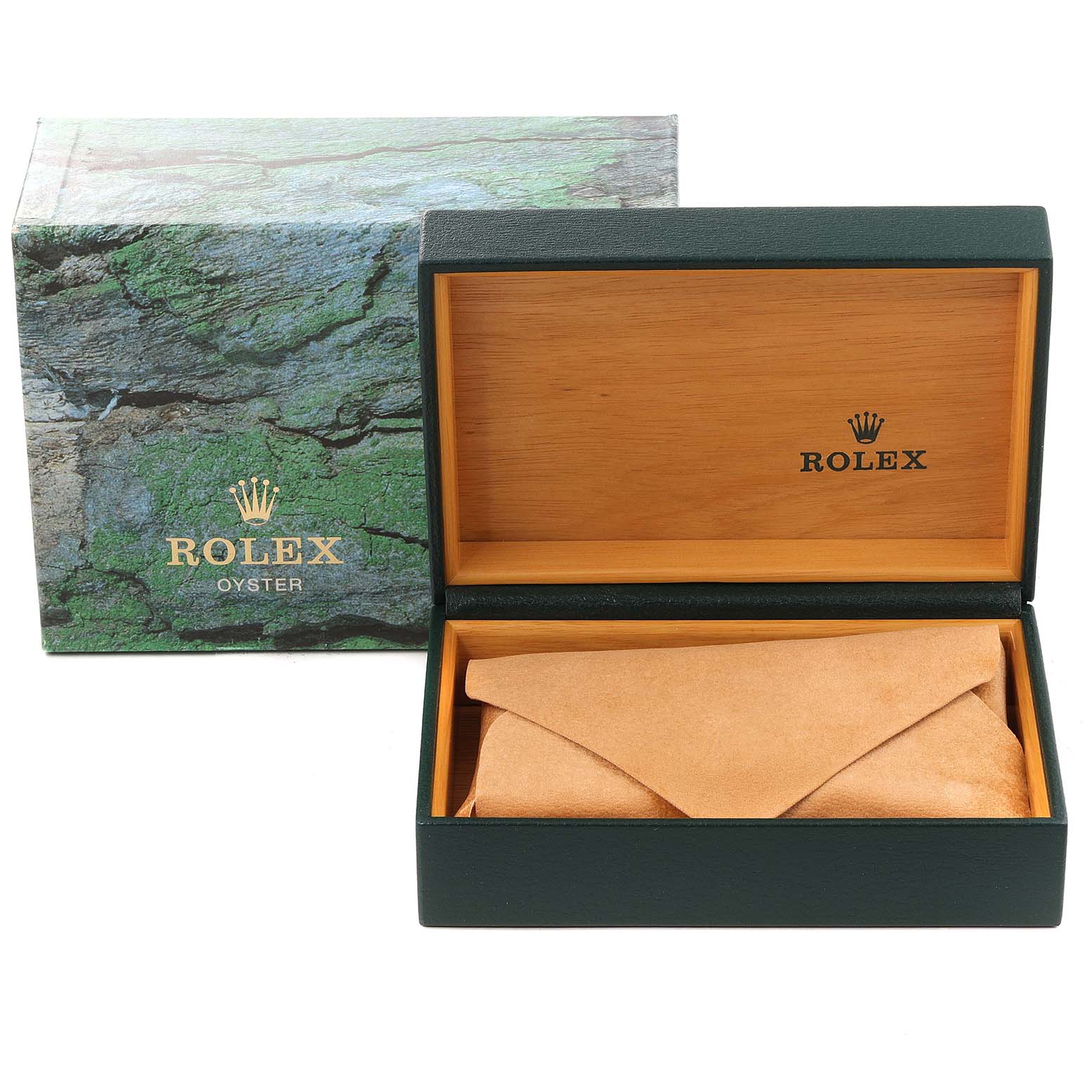 The image shows the packaging for a Rolex Submariner 16610 Men
s Stainless Steel Black Dial 16610 Men
s Stainless Steel Black Dial, including the outer box and an open wooden case with a suede pouch inside.