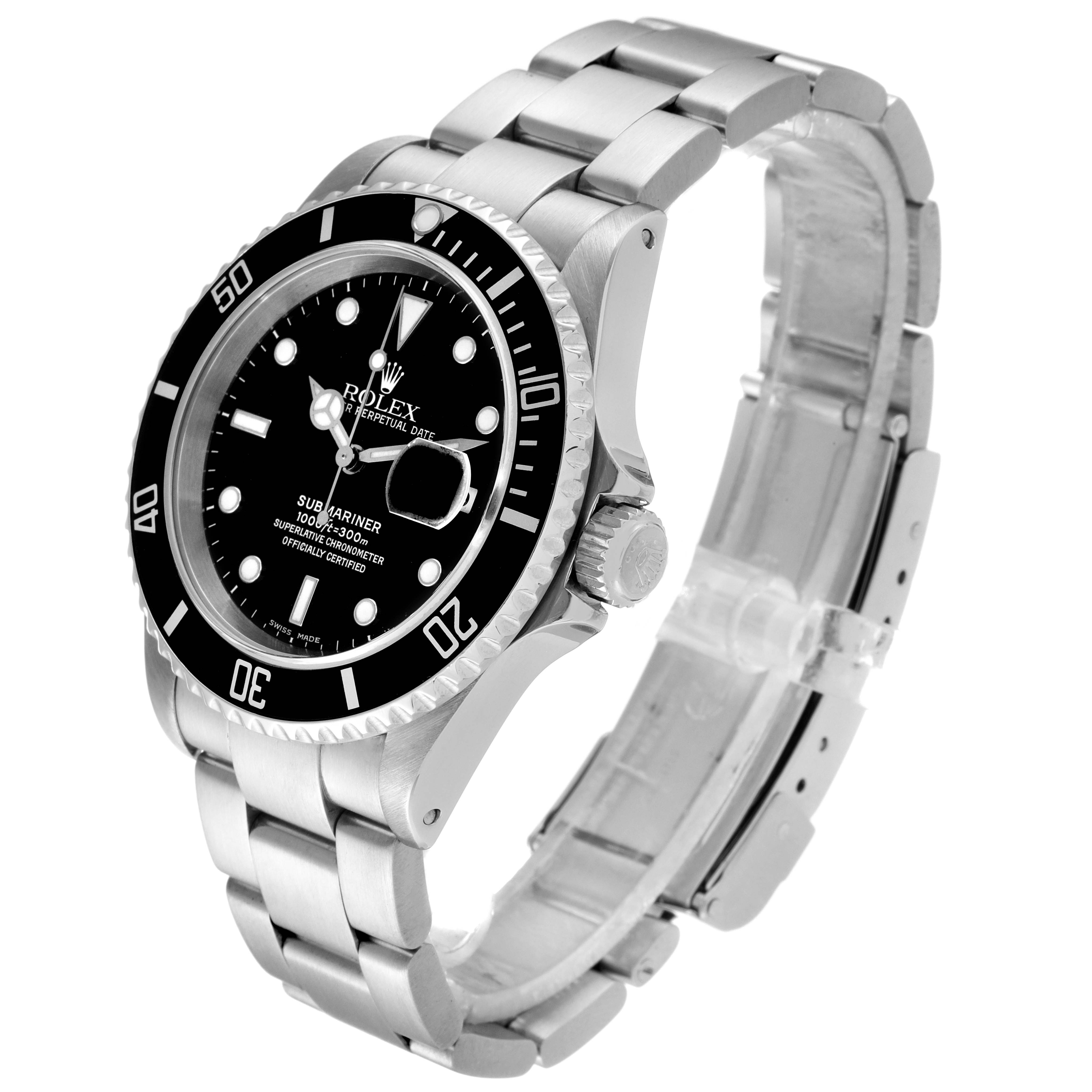 The Rolex Submariner 16610 Men
s Stainless Steel Black Dial 16610 Men
s Stainless Steel Black Dial watch is shown at a three-quarter angle, displaying the bezel, dial, band, and crown.