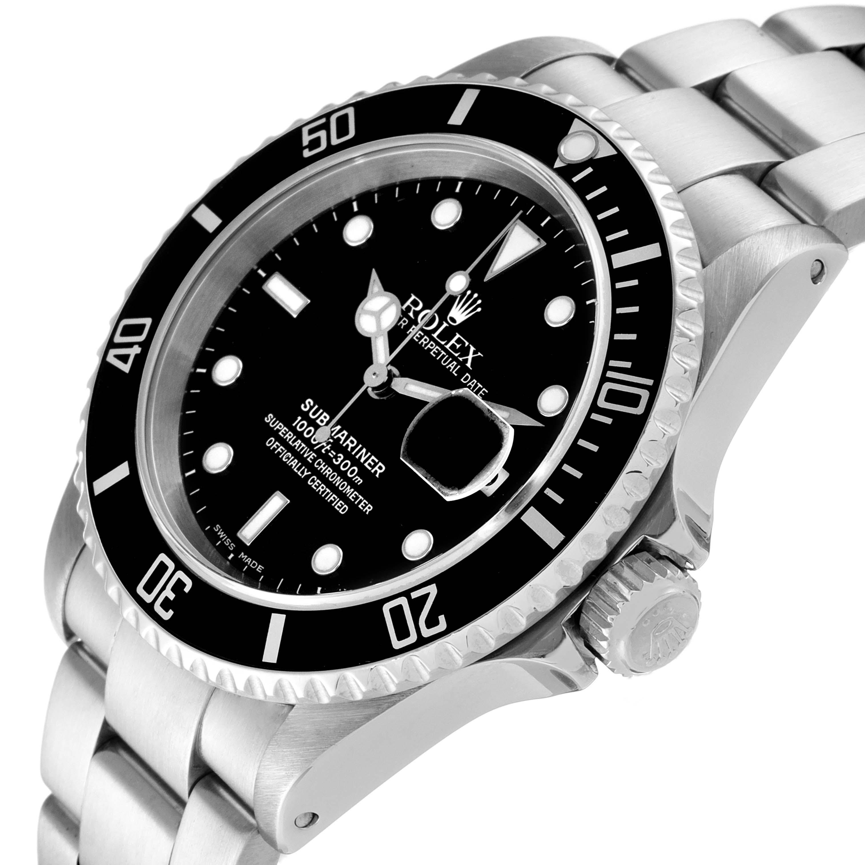 The Rolex Submariner 16610 Men
s Stainless Steel Black Dial 16610 Men
s Stainless Steel Black Dial watch is shown at a tilted angle, displaying the dial, bezel, and bracelet.