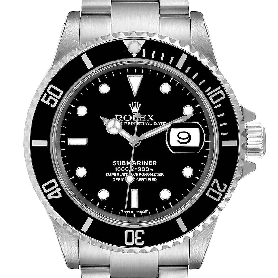 The image shows a front view of the Rolex Submariner, highlighting the dial, bezel, and part of the bracelet.