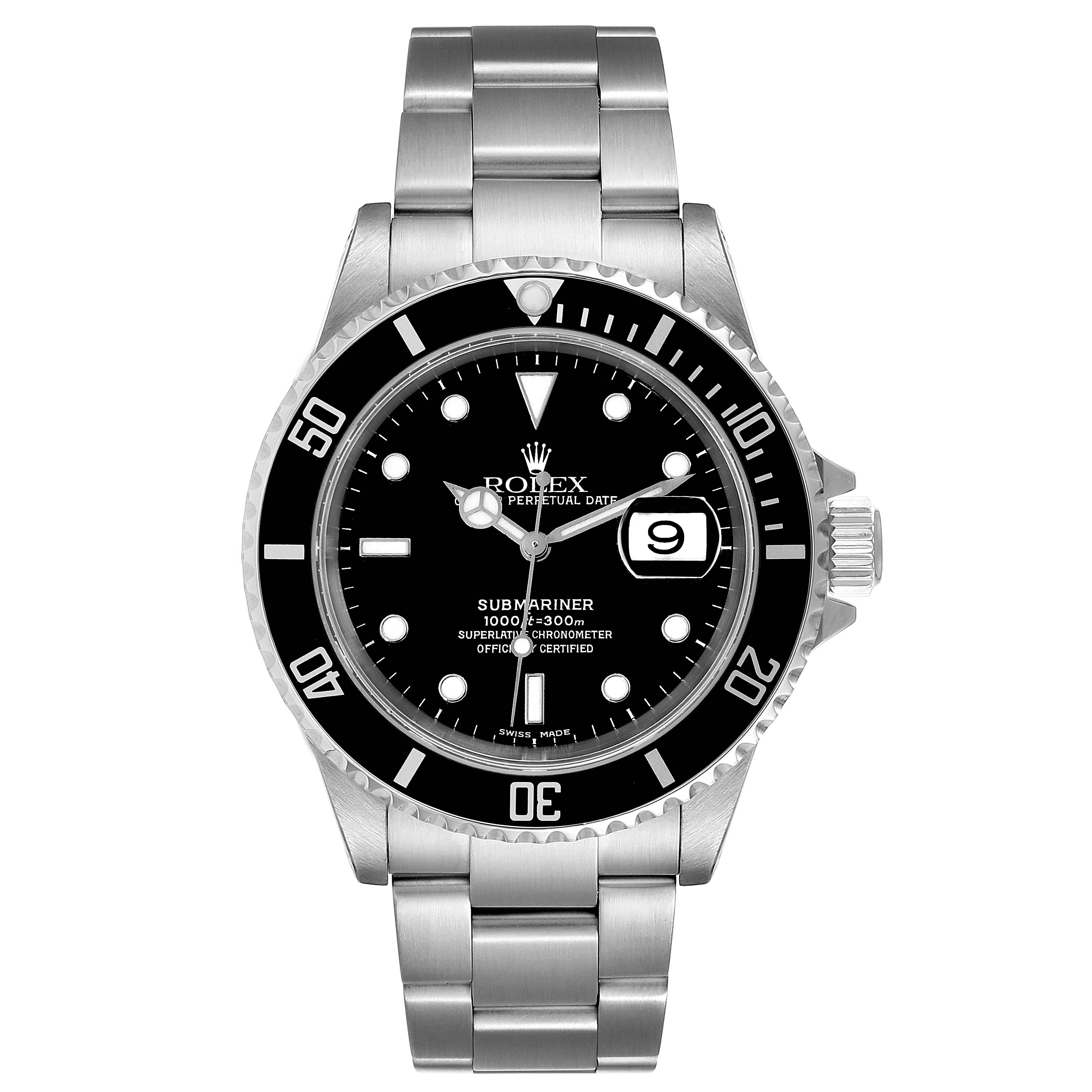 The Rolex Submariner 16610 Men
s Stainless Steel Black Dial 16610 Men
s Stainless Steel Black Dial is shown from a frontal angle, displaying the dial, bezel, case, and bracelet.