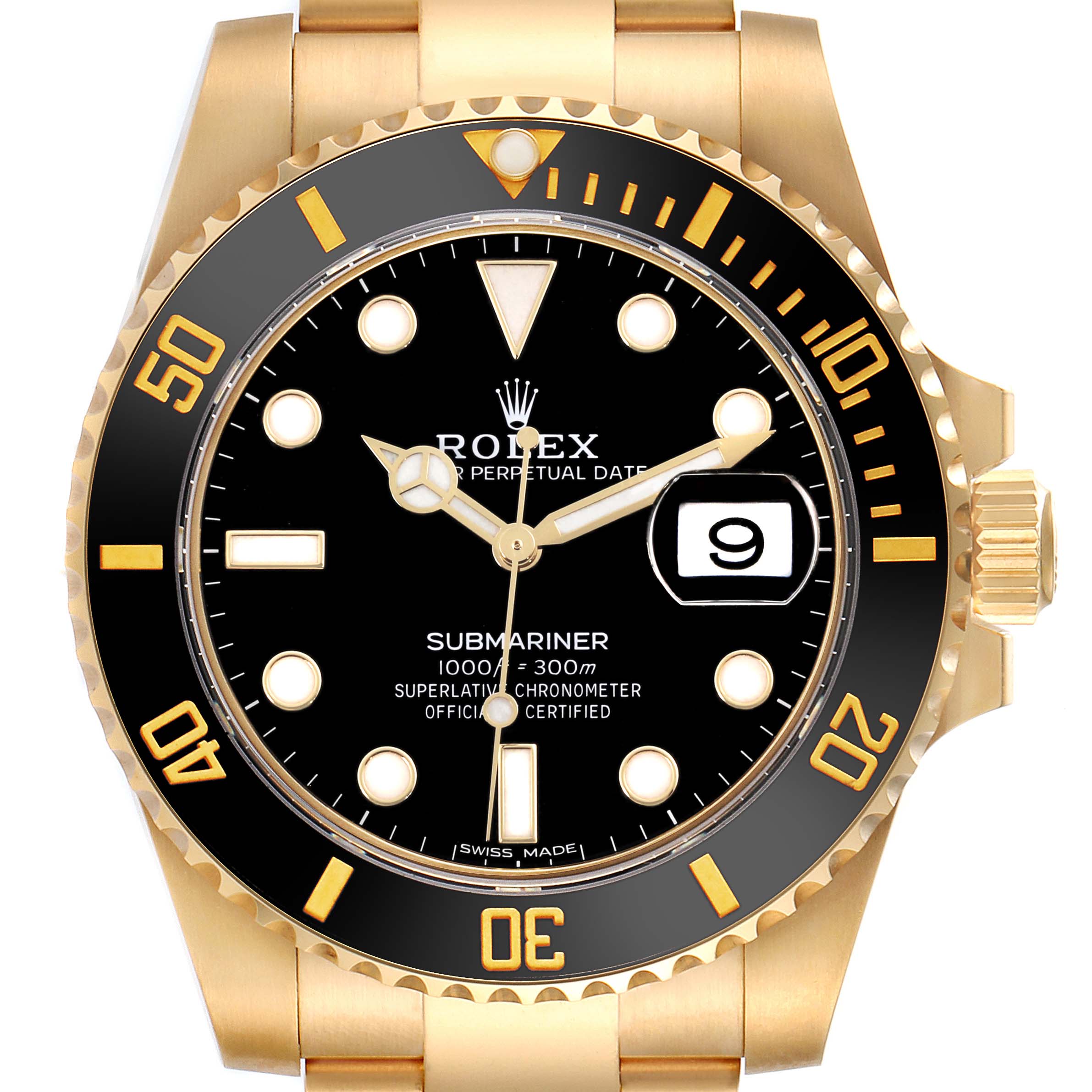 The Rolex Submariner 116618 Men's Yellow Gold Black Dial 116618 Men's Yellow Gold Black Dial watch is shown from the front, displaying the dial, bezel, and part of the bracelet.
